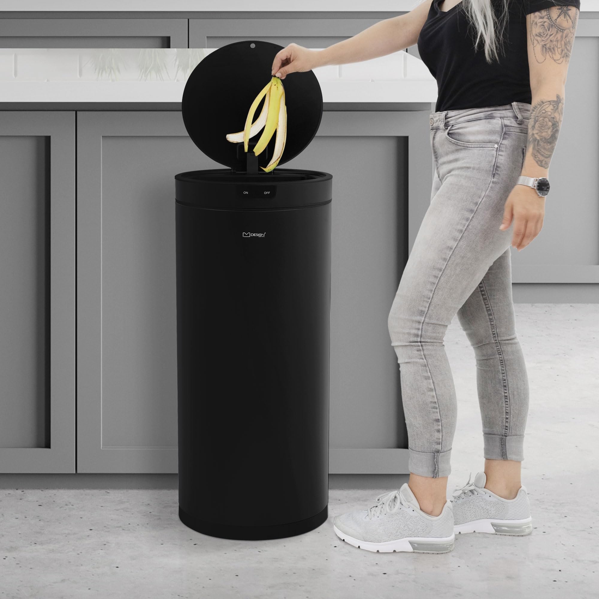 ML-Design Cubo de Basura con Sensor de Movimiento Inteligente Papelera Redonda con Apertura y Cierre Automática 40L Acero Inoxidable Negro Tapa con Pantalla LED y Anillo de Sujeción para Bolsas