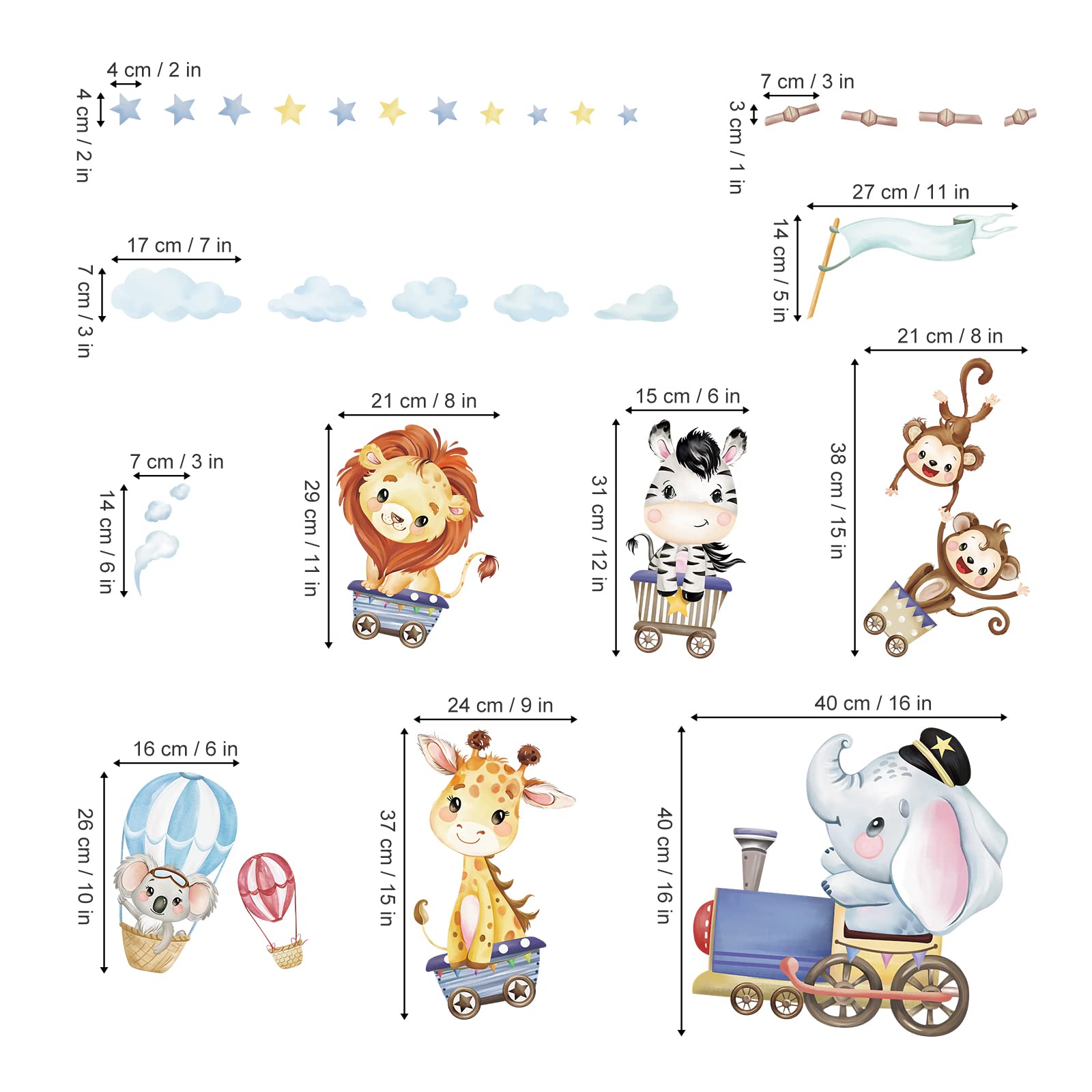 wondever Adesivi Murali Animali Treno Sticker da Muro Animali della Giungla Elefante Giraffa Leone Adesivi da Parete per Asilo Nido Camerette Bambini