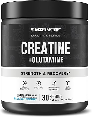 Jacked Factory Creatina + Glutamina - Suplemento de creatina con L-Glutamina para la recuperación muscular, crecimiento muscular, mayor fuerza,