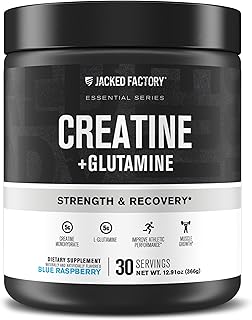 Jacked Factory Creatine + Glutamine - Creatine Supplement with L-Glutamine for Muscle Recovery, Muscle Growth, Increased Strength, Enhanced Energy Output, and Gut Health - 30 Servings, Blue Raspberry