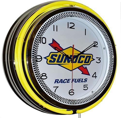 Sunoco Race Fuels - Reloj publicitario de neón doble amarillo de 18 pulgadas, para garaje, cueva, taller, decoración (plástico)