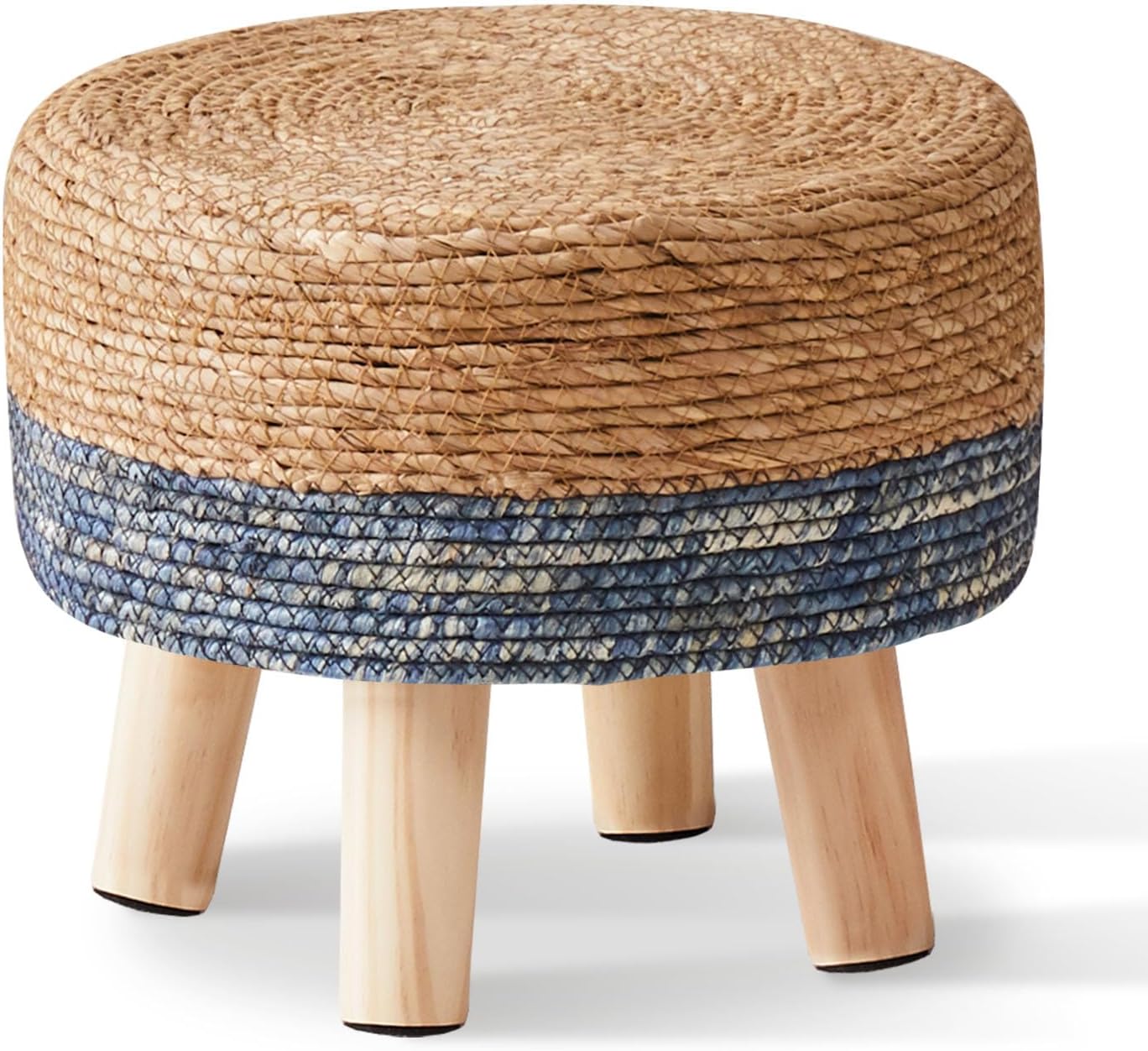 Wimarsbon Natural Seagrass Round Ottoman Footstool - Handwoven Pouf with Solid Wood Legs for Couch, Desk, Patio - Blue