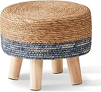Wimarsbon Natural Seagrass Round Ottoman Footstool - Handwoven Pouf with Solid Wood Legs for Couch, Desk, Patio - Blue