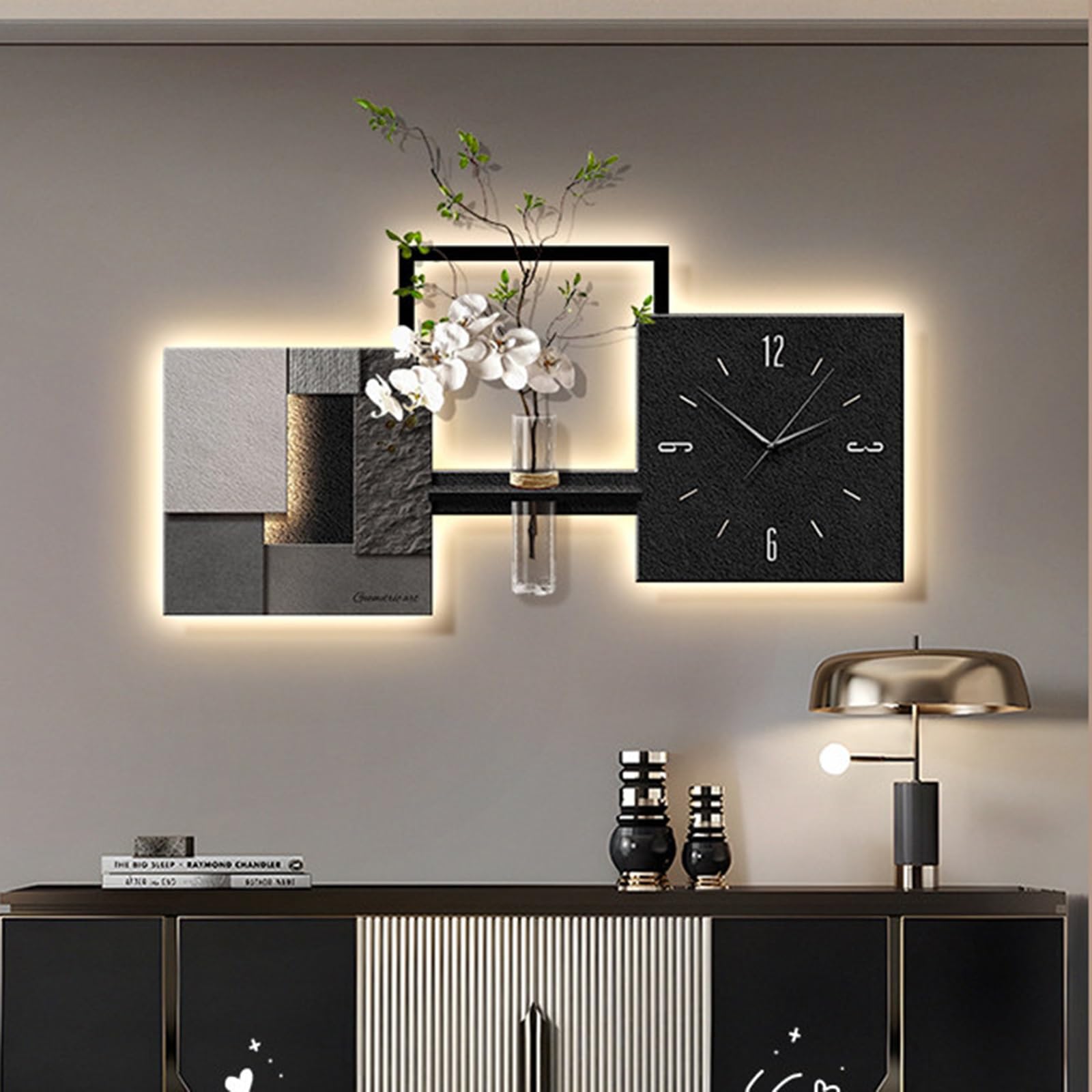 MESCXTY 3D Sandstone Wall Art with LED Light and Clock, Modern Sculpture Floating Shelf Vase, Lighted Decorative Painting for Living Room(Black A,47.2 * 23.6in)