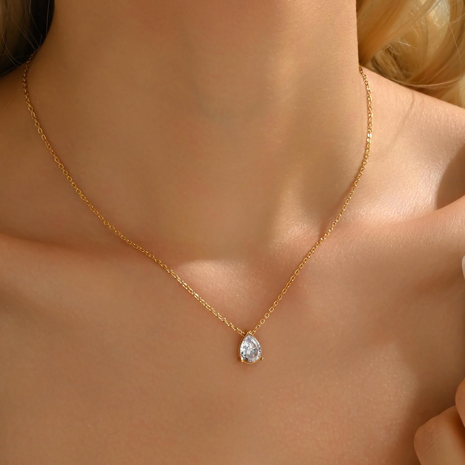 Diamond Necklaces for Women 18K Gold Plated Cubic Zirconia Solitaire Pendant Necklace Dainty Teardrop Necklace Trendy CZ Lariat Bridesmaid Necklace - Image 3