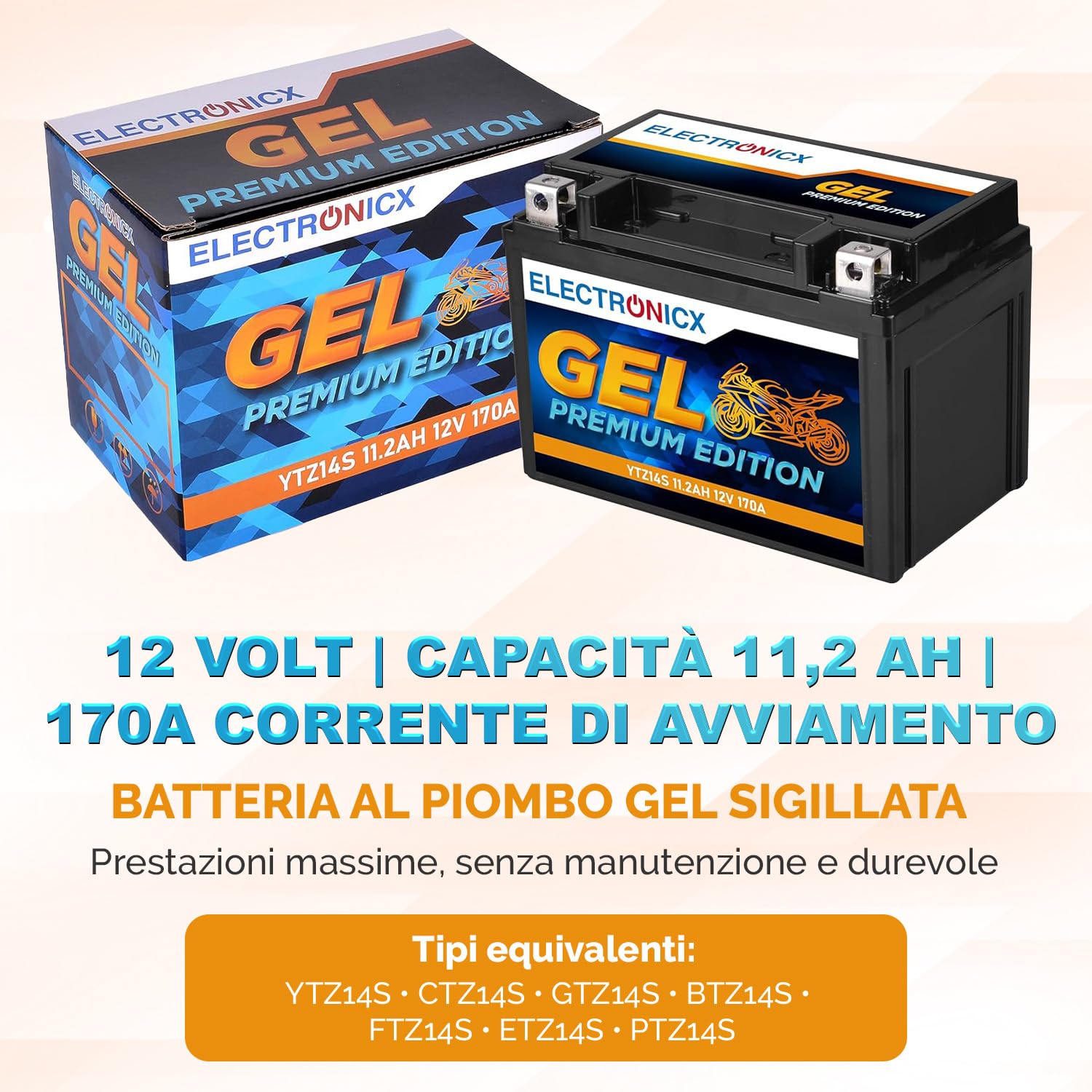 Electronicx YTZ14S GEL Batteria Moto 12V 11,2Ah 170A – Starter sigillato, senza manutenzione – Compatta, resistente a vibrazioni, anti-perdita – per moto, scooter, quad, powersport – pronta all’uso