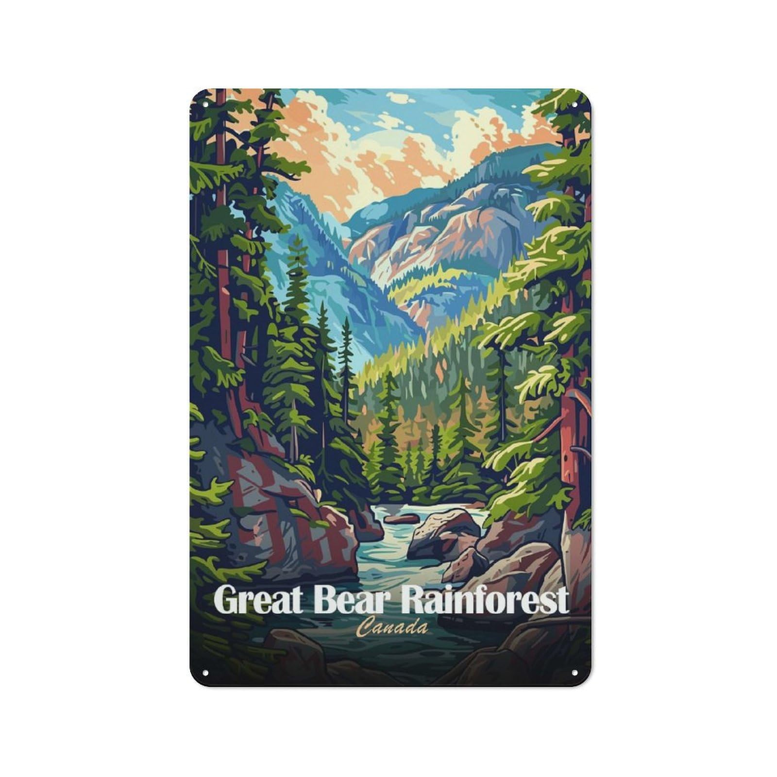Junmoney Style-19 Tin Wall Plaque 30X20cm With Great Bear Rainforest Canada Landscape Art For Hallway Wall, Suited To Wall Displays In Hallways And Entrance Areas