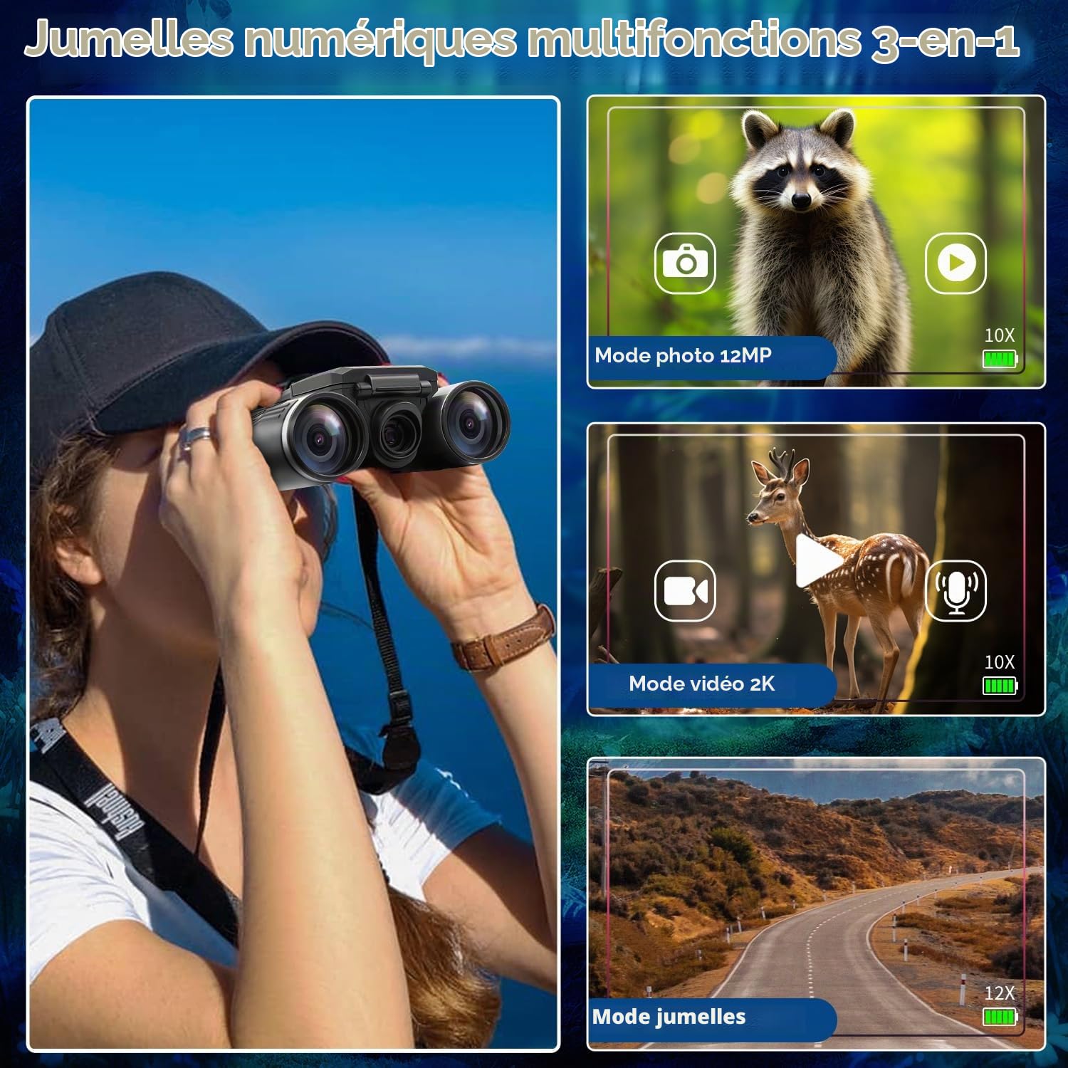 Jumelles numériques 12 x 32 pour adultes, avec caméra 48 MP, photo 2,5 K, écran LCD de 2,4" avec carte micro SD de 32 Go pour observation des oiseaux, chasse, football, concerts, théâtre