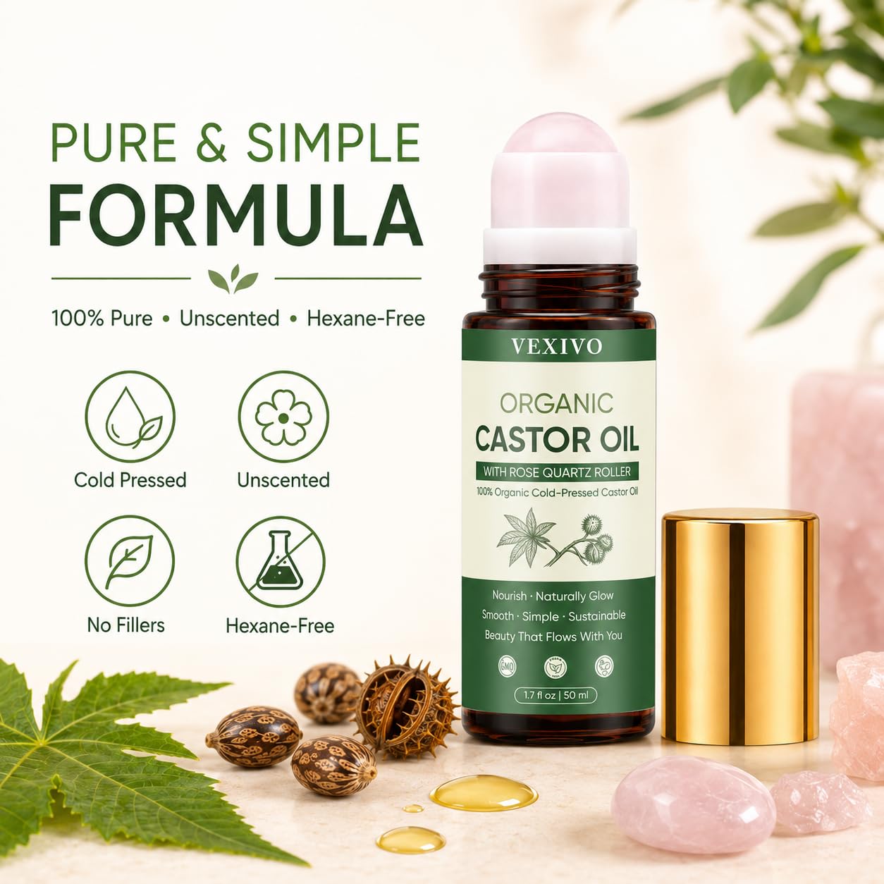 Vexivo Cold Pressed Organic Castor Oil Roll-On, Organic Castor Oil Rose Quartz Roller Ball, 100% Pure, Unscented, Hexane-Free,Amber Glass Bottle for Skin, Brows & Lashes 1.7oz