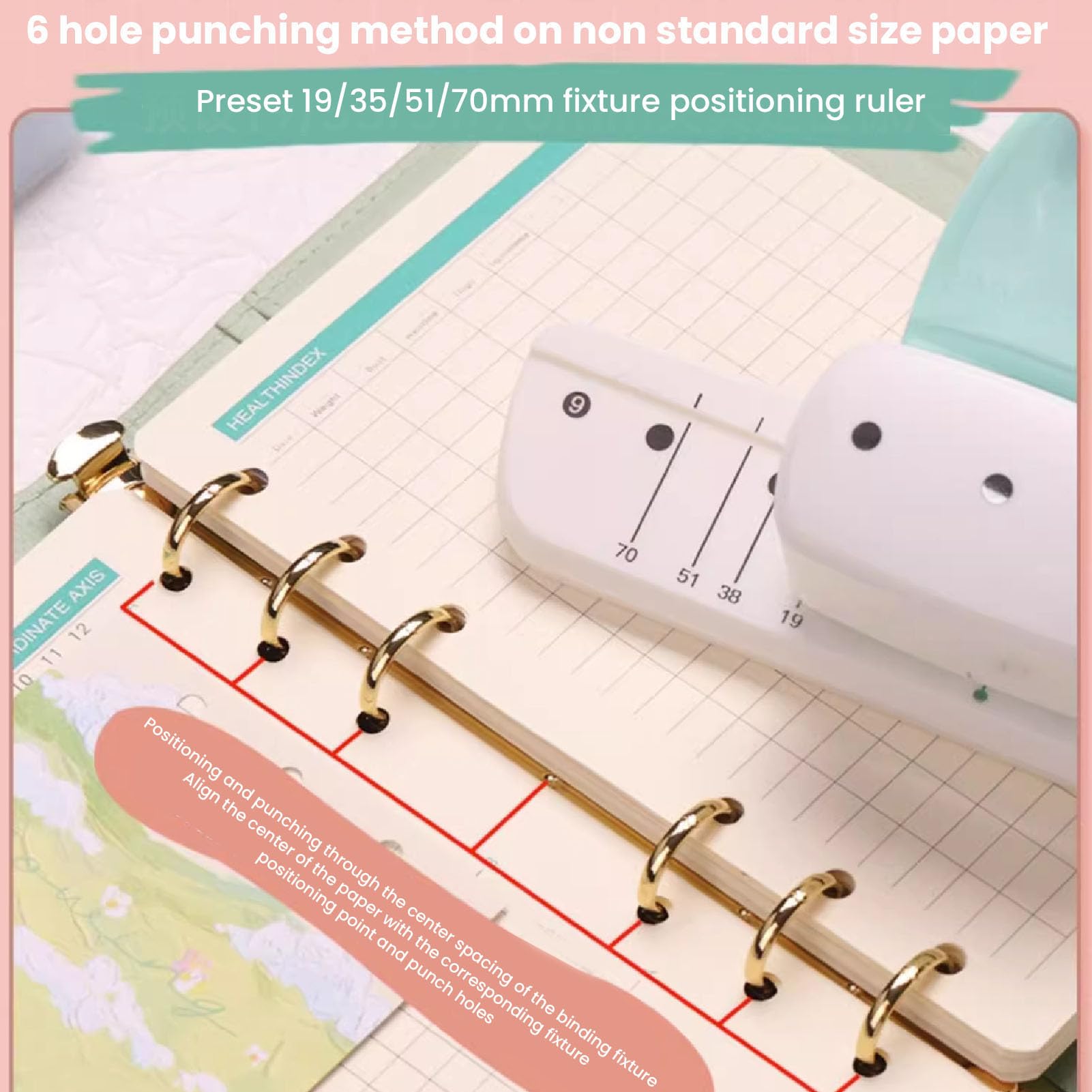 Perforatrice a 3 fori - Realizzata in plastica ABS, adatta per 8 fogli di carta A4, diametro dei fori di 4 mm, spaziatura dei fori regolabile, perforatrice per fogli mobili pe