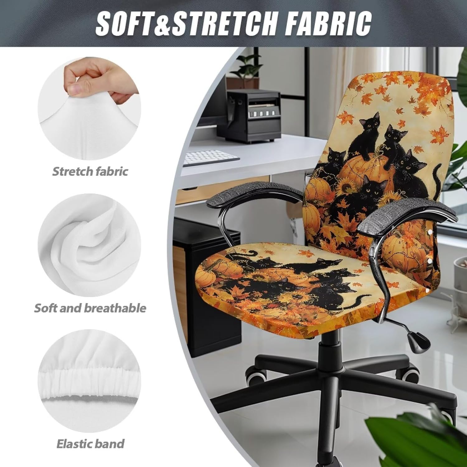 One Piece Desk Chair Seat Cover Easy to Install Office Chair Slipcover with Arms Soft Fit Breathable Universal Rotating Office Armchair Cover for Fall Thanksgiving Decor Size L