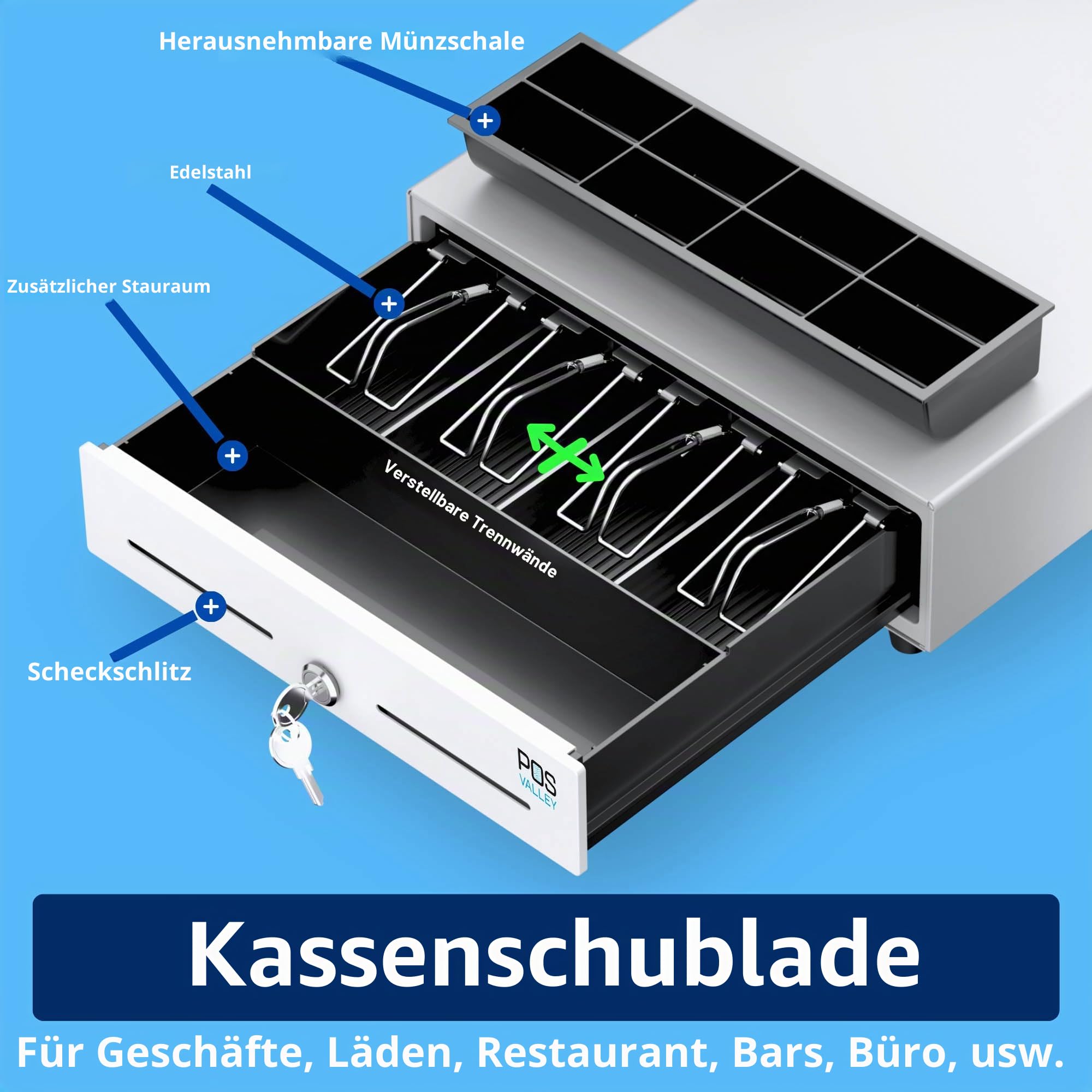 Mini-Registrierkassenschublade RJ11 automatische Öffnung Schlüssel 33 x 33 cm weiß