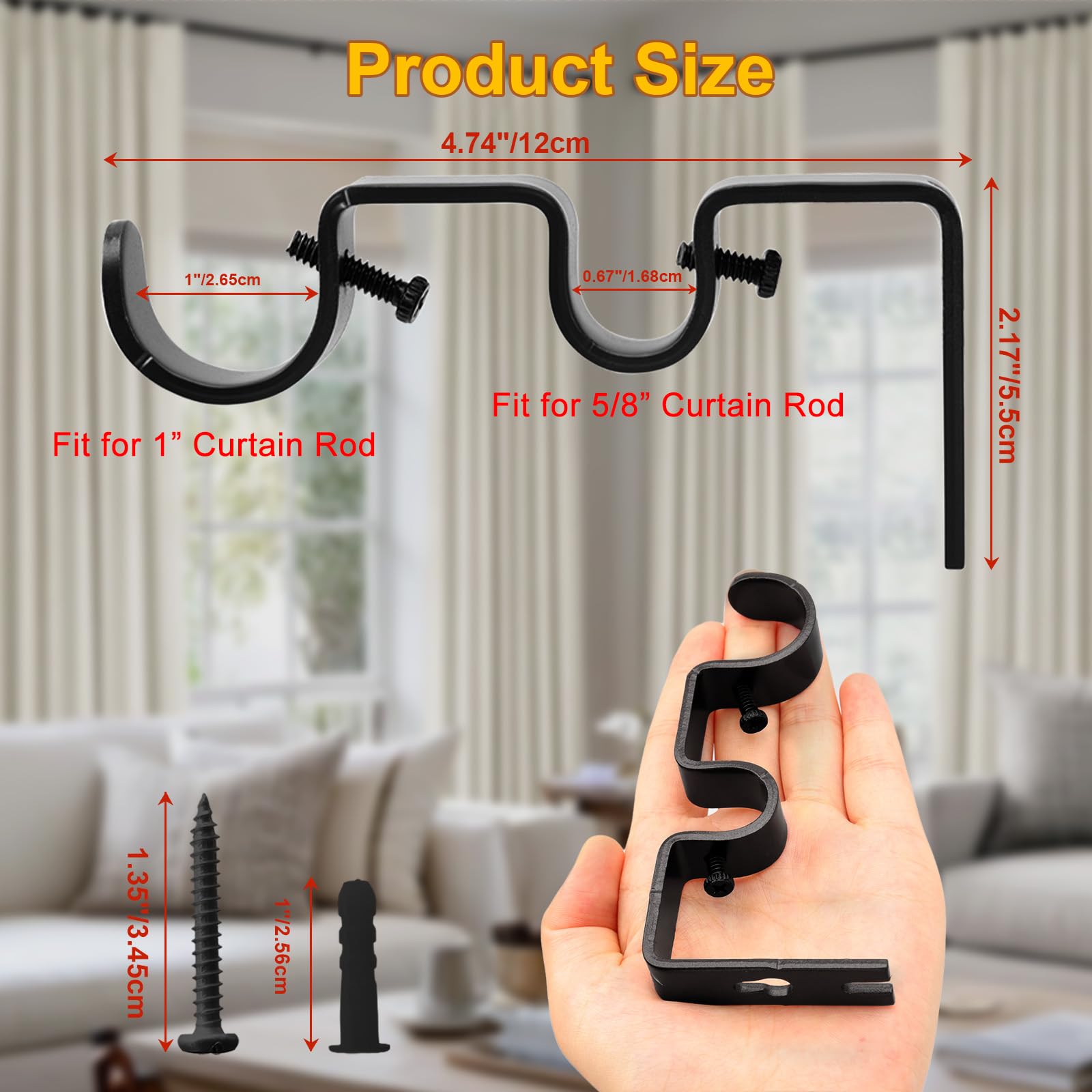Double Curtain Rod Brackets - Black Wall Mount -2 Double Curtain Rod Brackets - Black Wall Mount -2