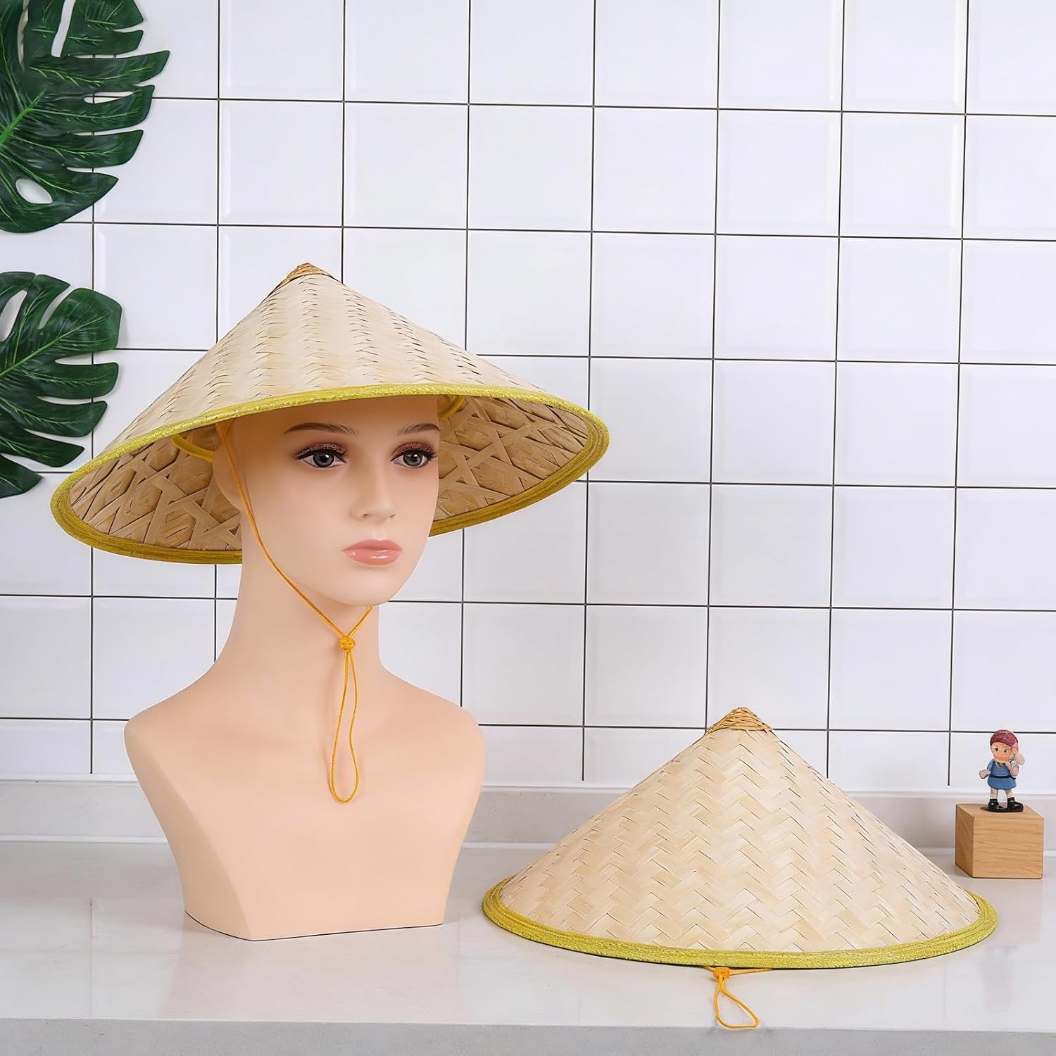 9 Pcs Traditional Chinese Rice Bamboo Hat 16.5 Inches Asian Vietnamese Straw Bamboo Hat with Work Gloves for Men and Women Outdoor Yellow