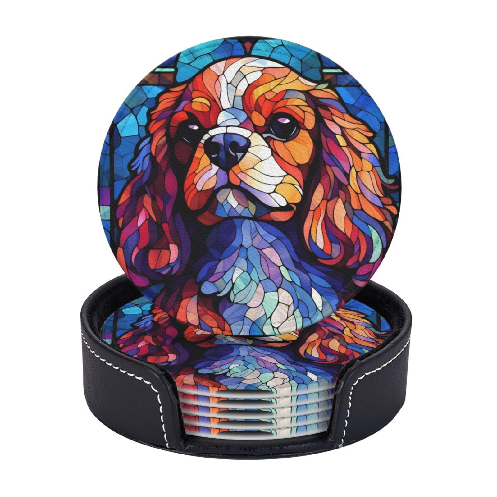 King Charles Cavalier Stained Dog Breed Glass Art Leather Drinks Coasters with Holder Set of 6 for Kinds of Cups