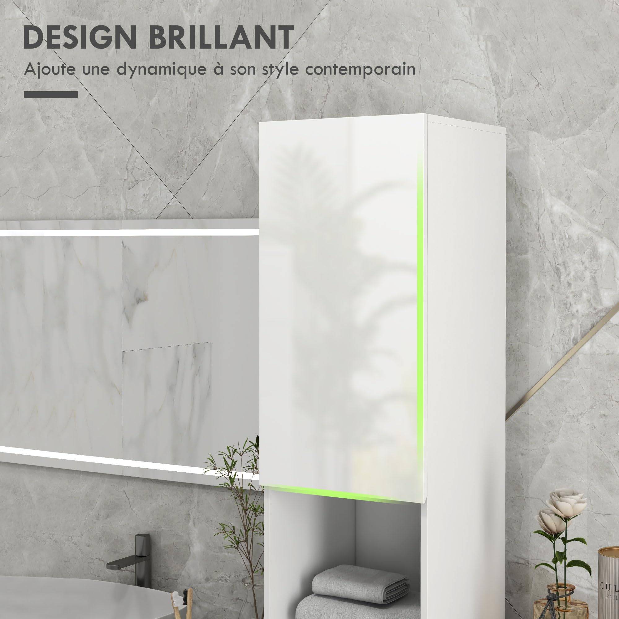 kleankin Meuble colonne de salle de bain, armoire de rangement haute, finition brillante, étagères réglables, 2 placards et 2 niches, étagère de rangement pour salle de bain, 30 x 30 x 181,5 cm, blanc
