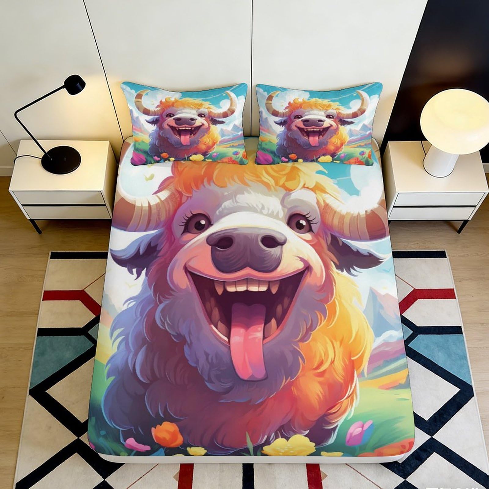 3D Printed Cartoon Cow Fitted Sheet Microfiber Colourful Animal Smile Mattress Cover for Bedroom Guestroom Decor 90x200x25cm