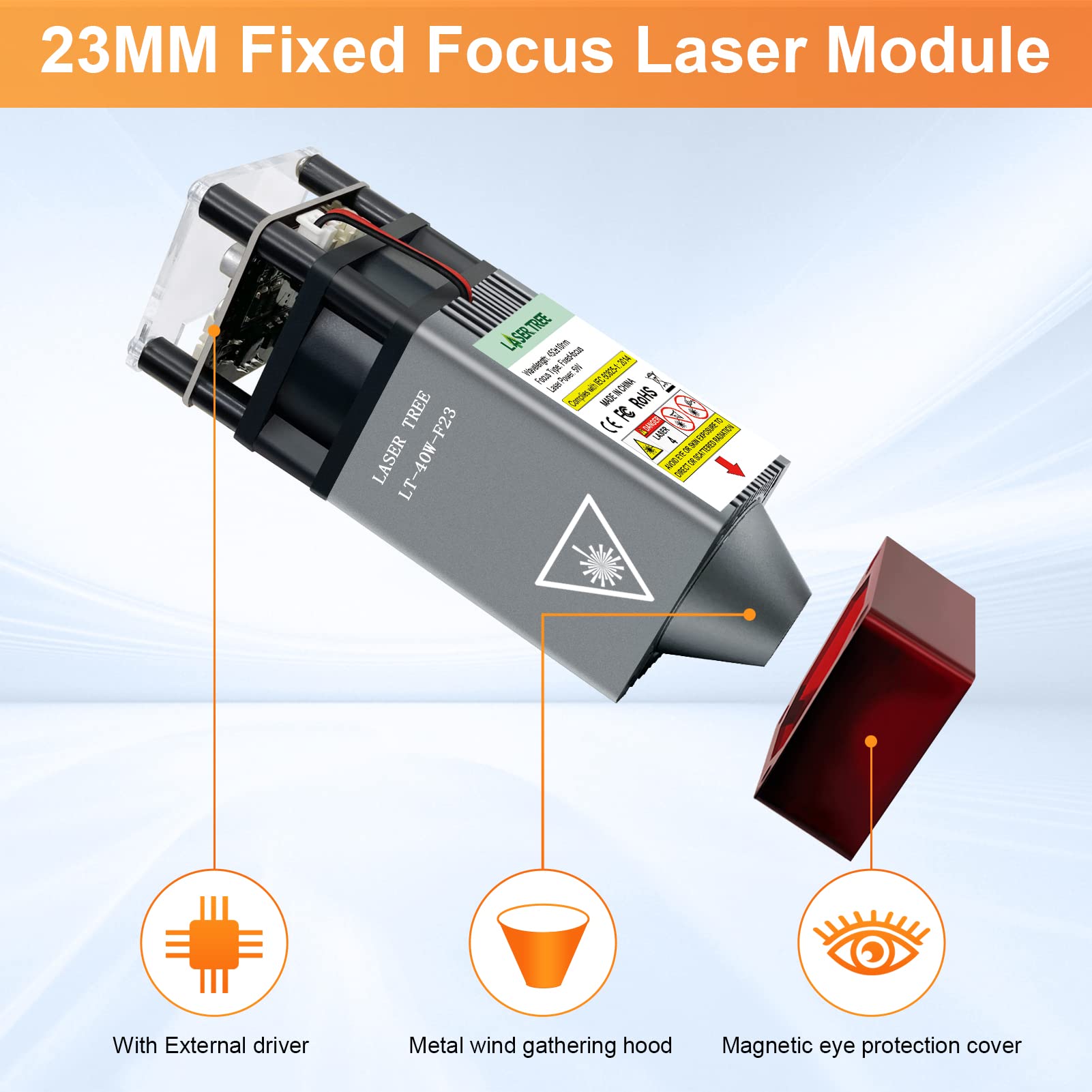 Aufgerüstetes Lasermodul-Kit, LASER TREE 23mm Fixfokus Balance Gravier und Schneidkopf, Lasergraviermodul 5W optische Leistung mit Metall-Windschutzhaube für Lasergraviermaschine, 12V