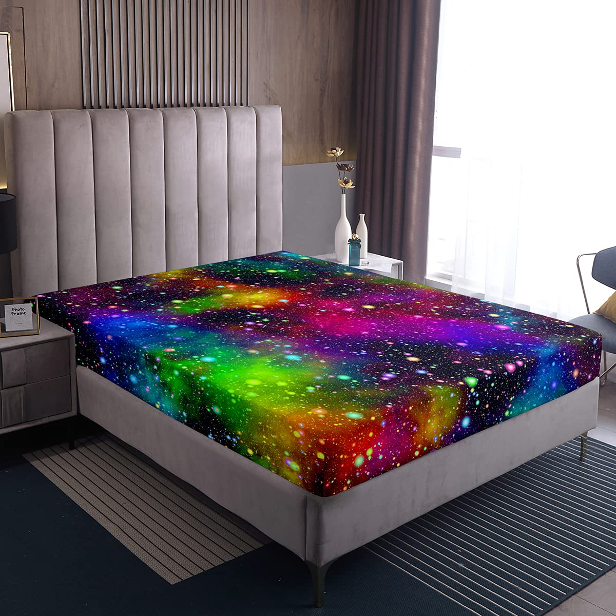 Bunte Galaxis Spannbettlaken, Space Thema Bettwäsche-Sets Sternenhimmel Tagesdecke Modernes Traumschlafzimmer Dekorative Spannbettlaken, Kein Kissenbezug, Aquarell, 90x200x30