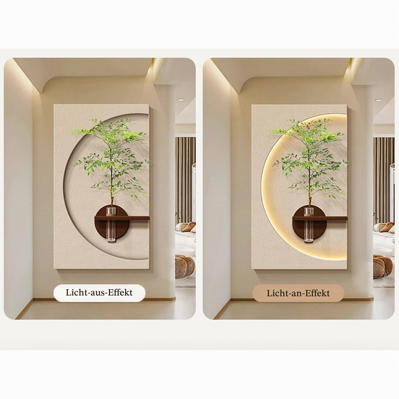 3D-Wandkunst-Dekoration mit Vase und künstlichen Pflanzen, LED-Wandkunst-Dekor aus Sandsteingrün, Wandbild-Dekor für Wohnzimmer, Eingang, Flur(A,50x87cm/19.7x34.2in)