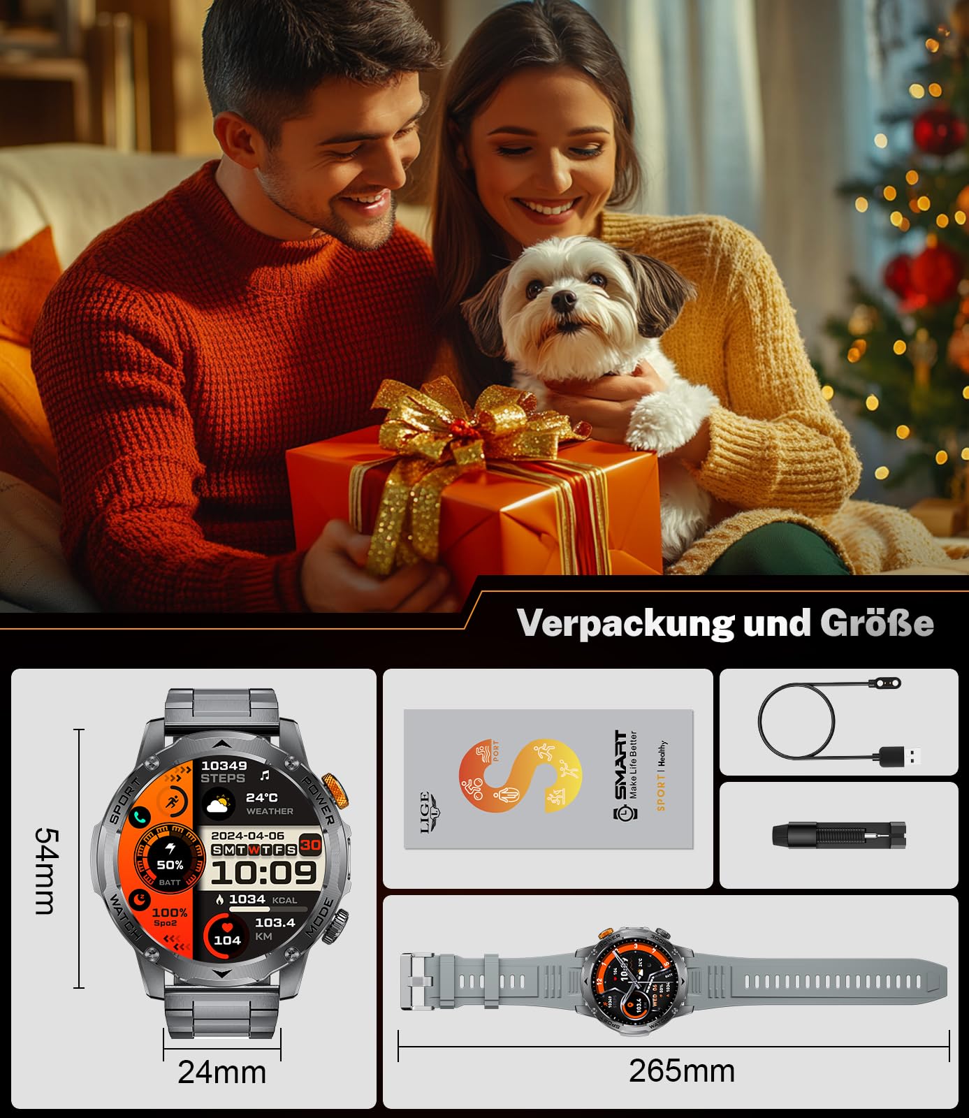 Montre Connectée Homme avec 1000mAh/1.75" Grand Écran/LED Lampe/3 Bracelets,5ATM Étanche Smartwatch Homme avec Appel Bluetooth,24H Fréquence Cardiaque/Sommeil/Podomètre Android iOS Carbone Mat