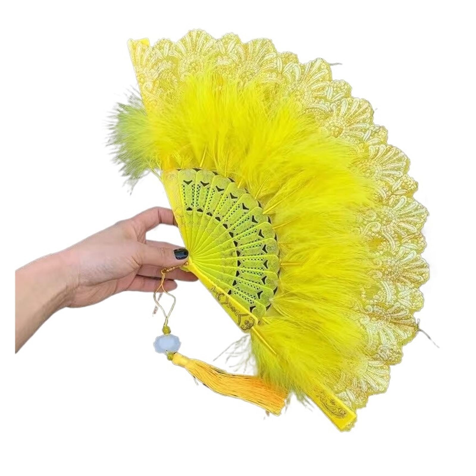Éventail à main plumes marabout autruche dinde jaune Giallo cadeau idéal
