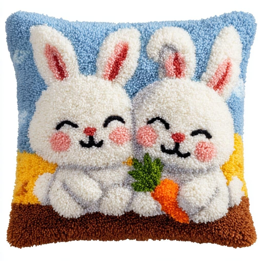 WallustrioaW Latch Hook Kit Cushion,Easter Bunny,Latch Hook Kit DIY Pillow Materials Package Embroidery Cross Stitch Gifts,17x17in