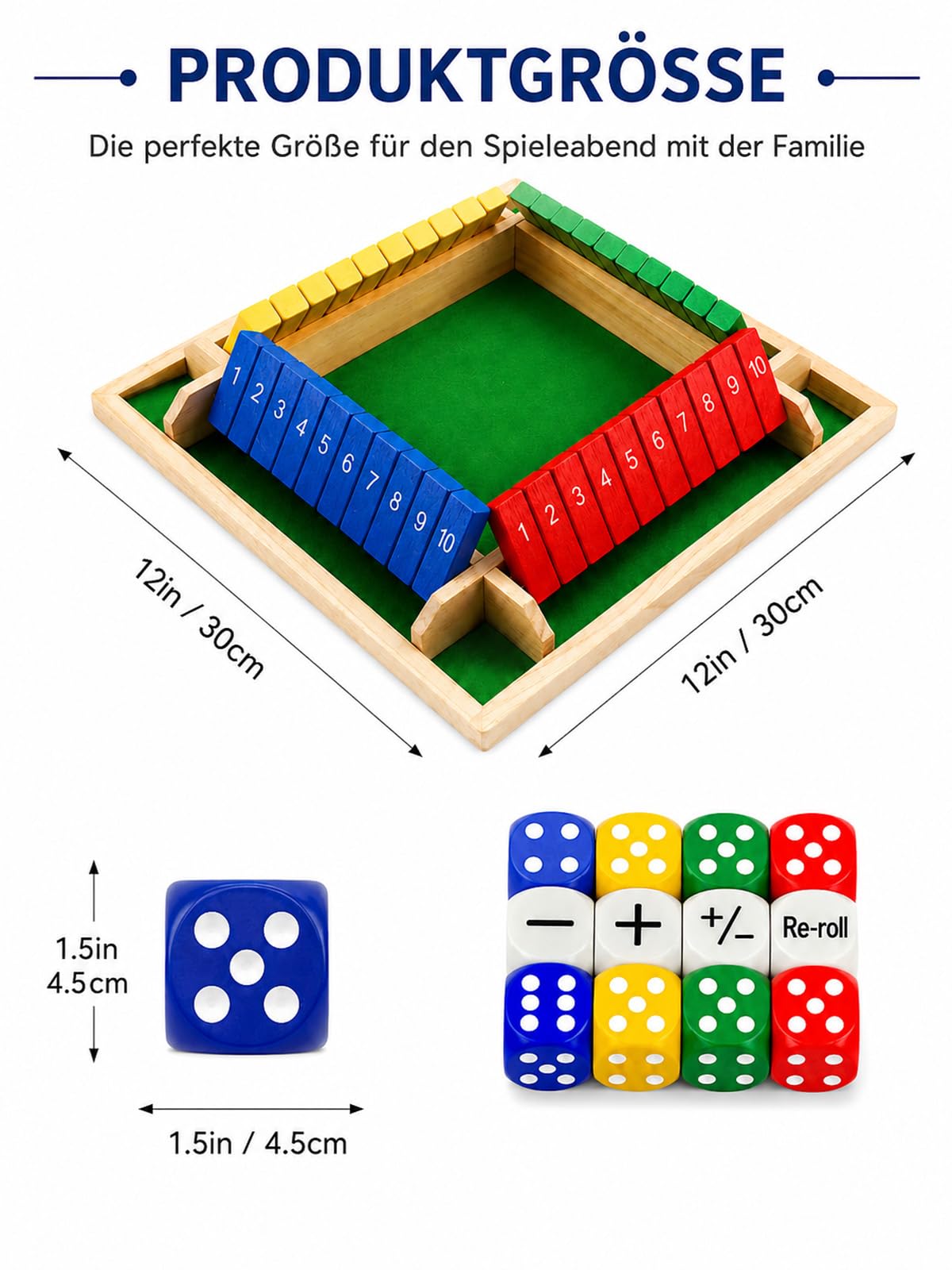 Verbesserte 30CM Shut The Box Spiel – Schnelles, unterhaltsames Lern- und Zahlenspiel aus Holz mit 2 Symbolwürfeln, Für 1–4 Spieler, Ideal für Familienabende, Schule, Partys und Senioren