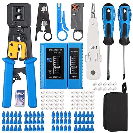 COOLCOLD Crimping Tool, RJ45 Wire Cutter, Tool Kit, Cat5 Cat5e Cat6, 50PCS RJ45 Cat6 Pass Through Connectors, 50PCS Covers, Network Cable Tester, Wire Punch Down Cutter, Battery, Pass Through Tool kit