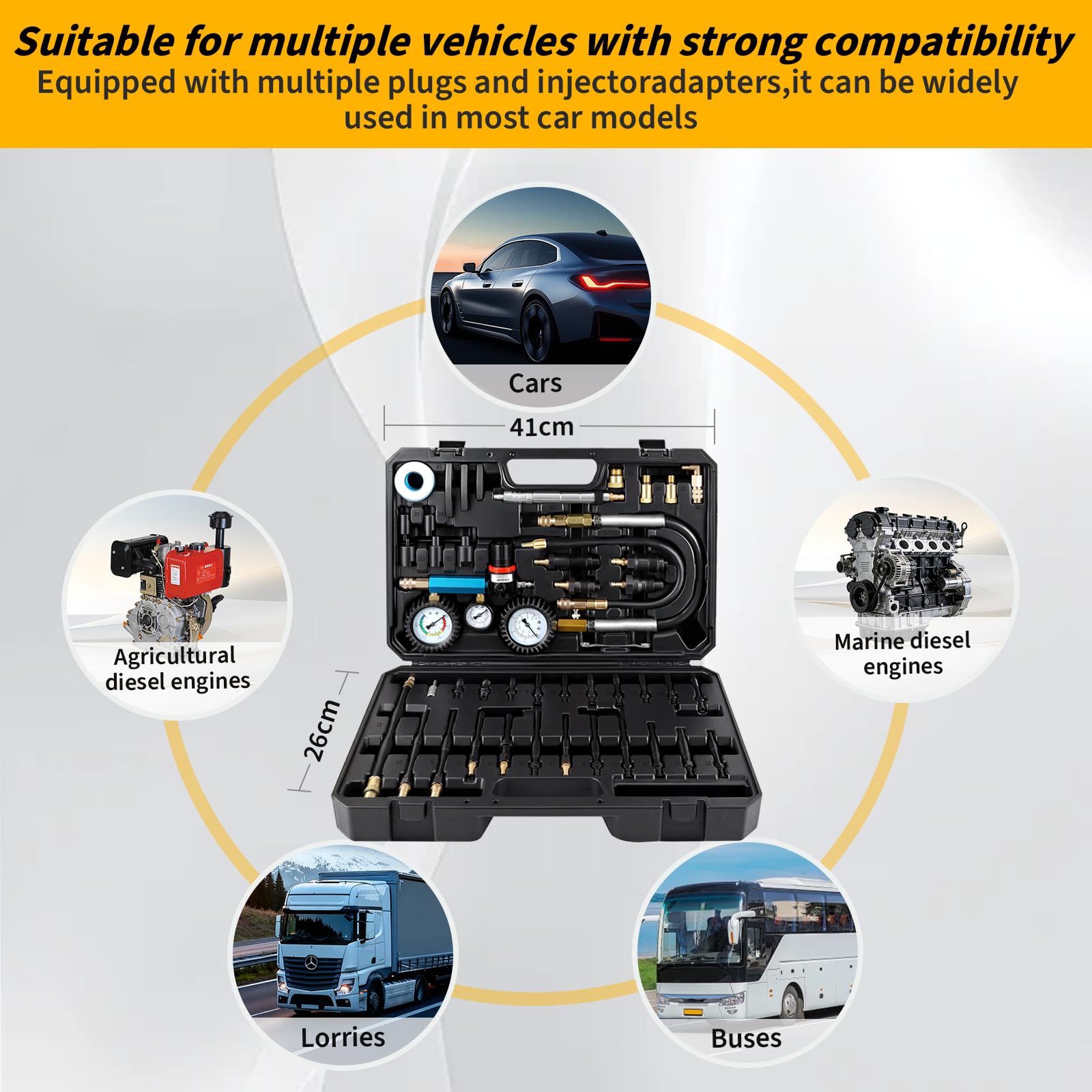 CPROSP 46 Piezas Tester de Compresión y Pérdida de Presión (0-50 Bar / 0-7 Bar), Comprobador de Compresión para Motor de Gasolina/Diésel, Compatible HDI, TDCi, para Coches, Camiones, Autobuses, Motos