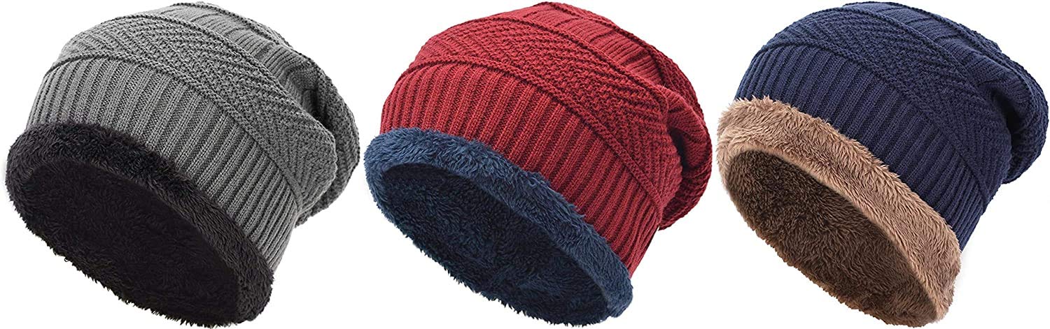 MAGIC Men's & Boy'sWinter Warm Woolen Beanie Cap(Navy Blue, Grey & Red)-(Pack of 03)