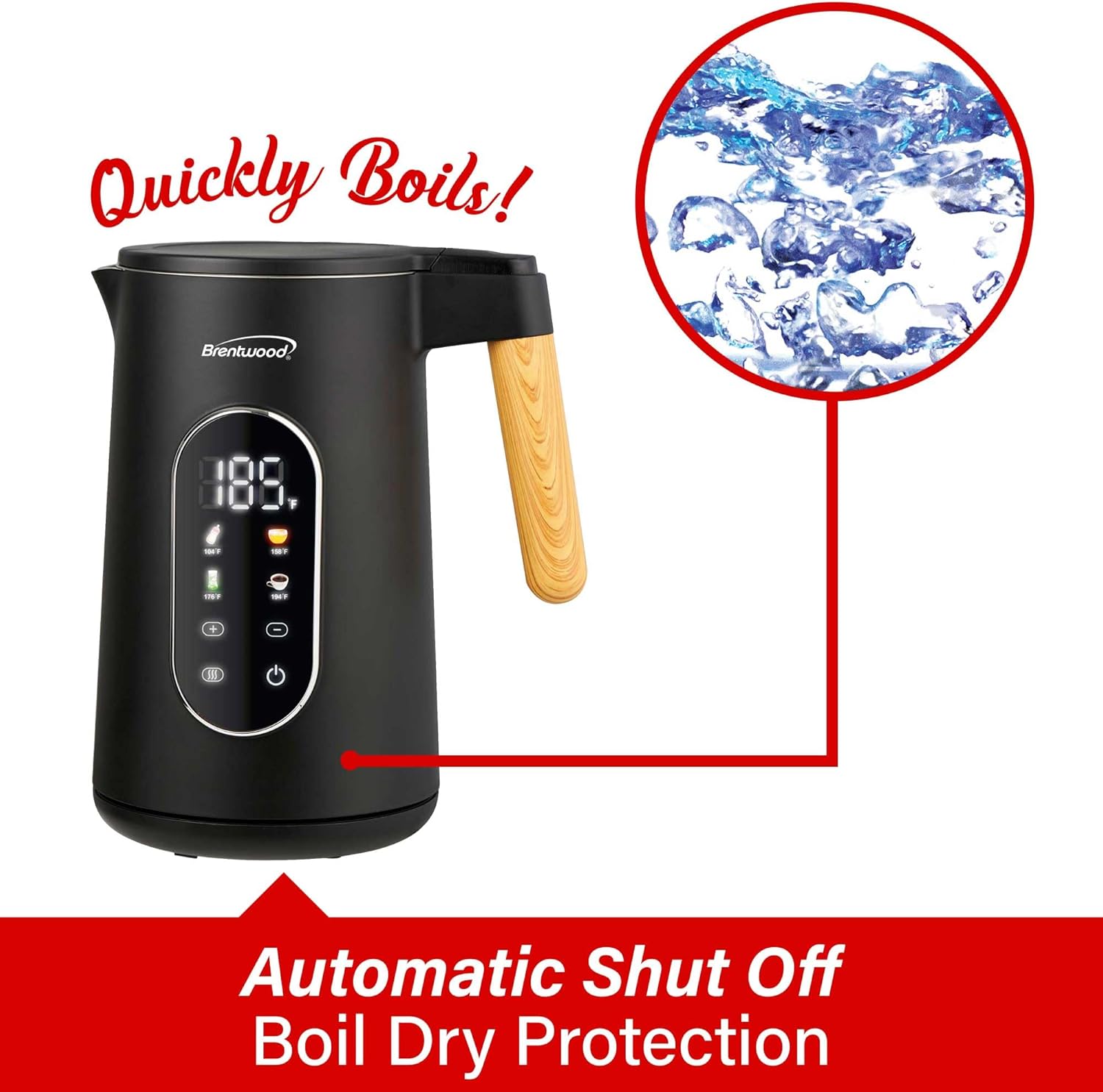 Brentwood 1100W 1.7L Cordless Cool Touch Digital Kettle with Stainless Steel Interior, Temperature Control with 4 Presets, 360° Base, Auto Shut-Off, Keep Warm, & Boil Dry Protection (Black, 1.7L)
