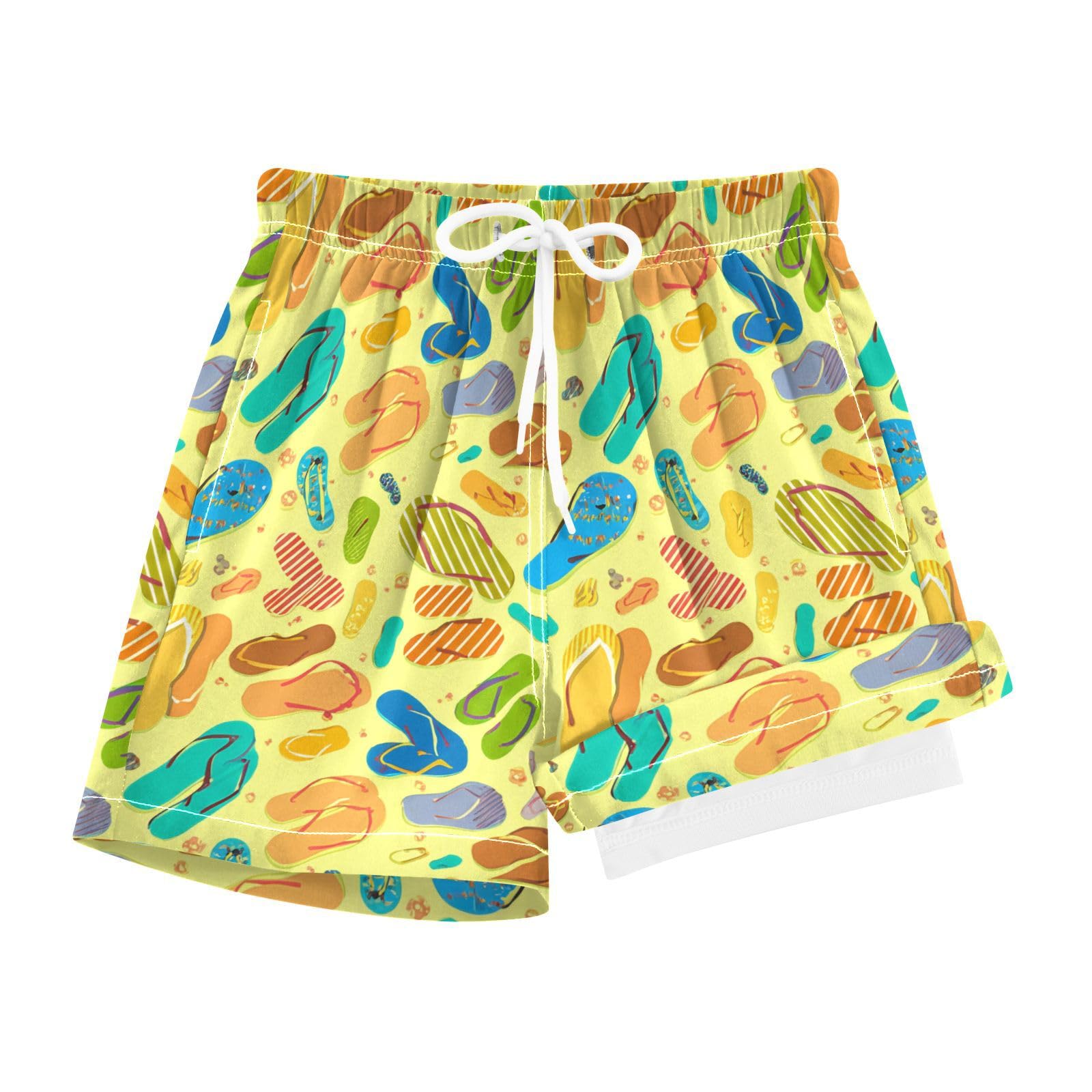 YANENDIE Boy Swim Trunks with Compression Liner Flip-Flops Yellow Boys Swim Shorts Quick Dry Beach Shorts