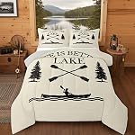Erosebridal Lake Paddle Decor Comforter Set, Rustic Farmhouse Old Barn Bedding Queen Size For Kids Teens Adult, House Quilt Retro Wooden Stripes Texture Duvet Insert, 1 + 2 Pillowcases, Brown