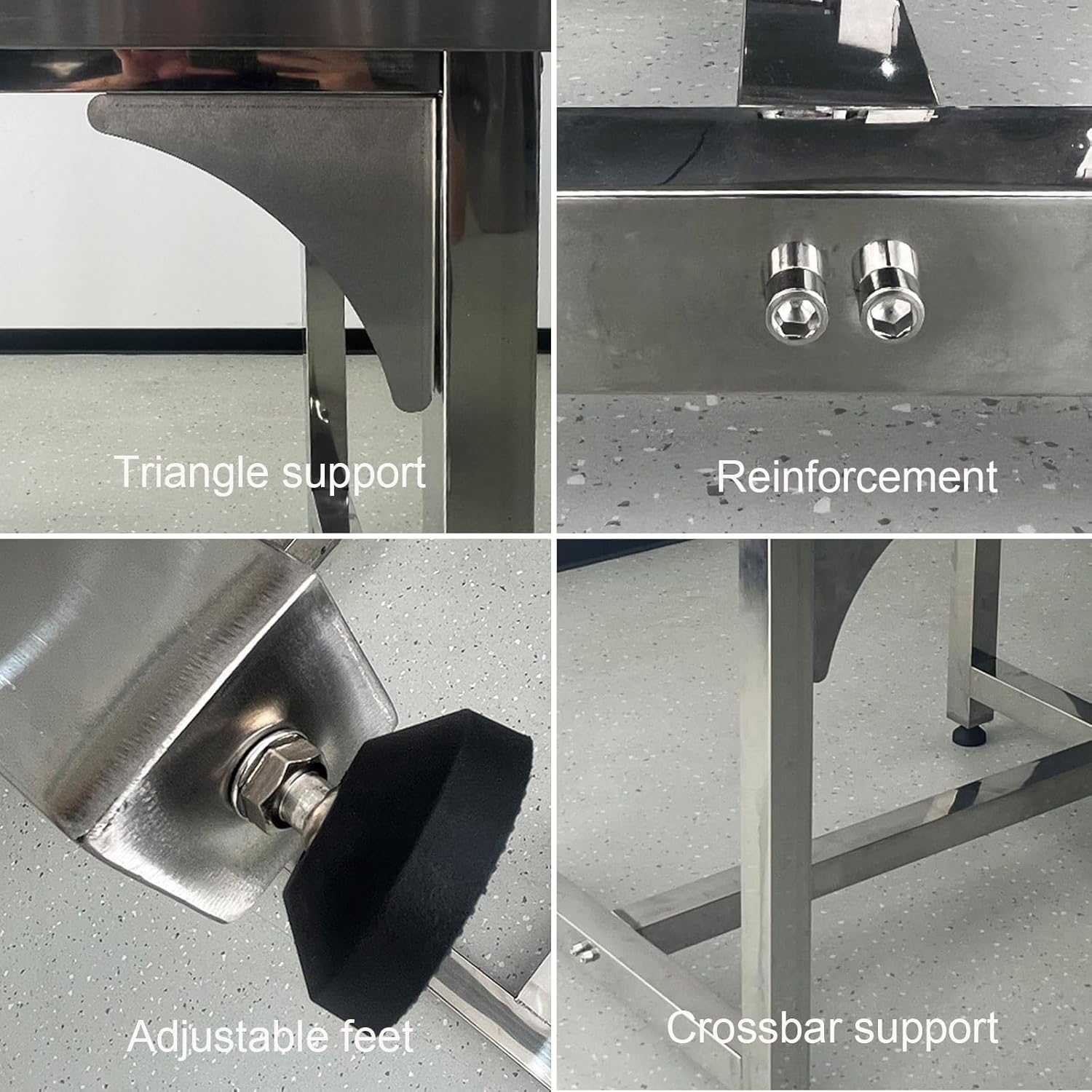 Open Workbenches Stainless Steel Work Table Heavy Duty Prep Table Enlarged Table Tops Triangular Supports Working Table with Adjustable Feet(80x60x80cm/31.5x23.6x31.5)