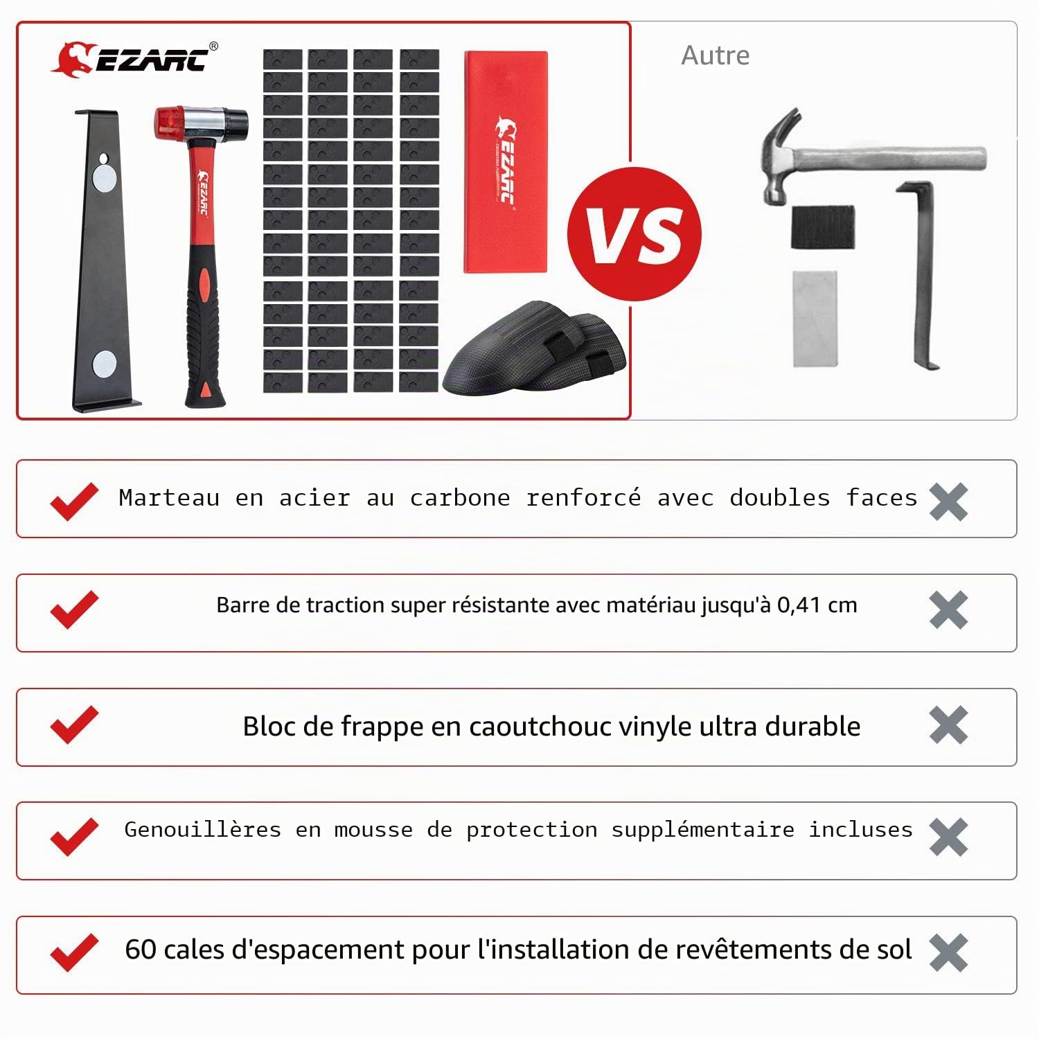 EZARC Kit d'installation pour Parquet Stratifié avec 60 Entretoises, Barre de Traction, Bloc de taraudage en caoutchouc, Maillet à double face, Genouillères