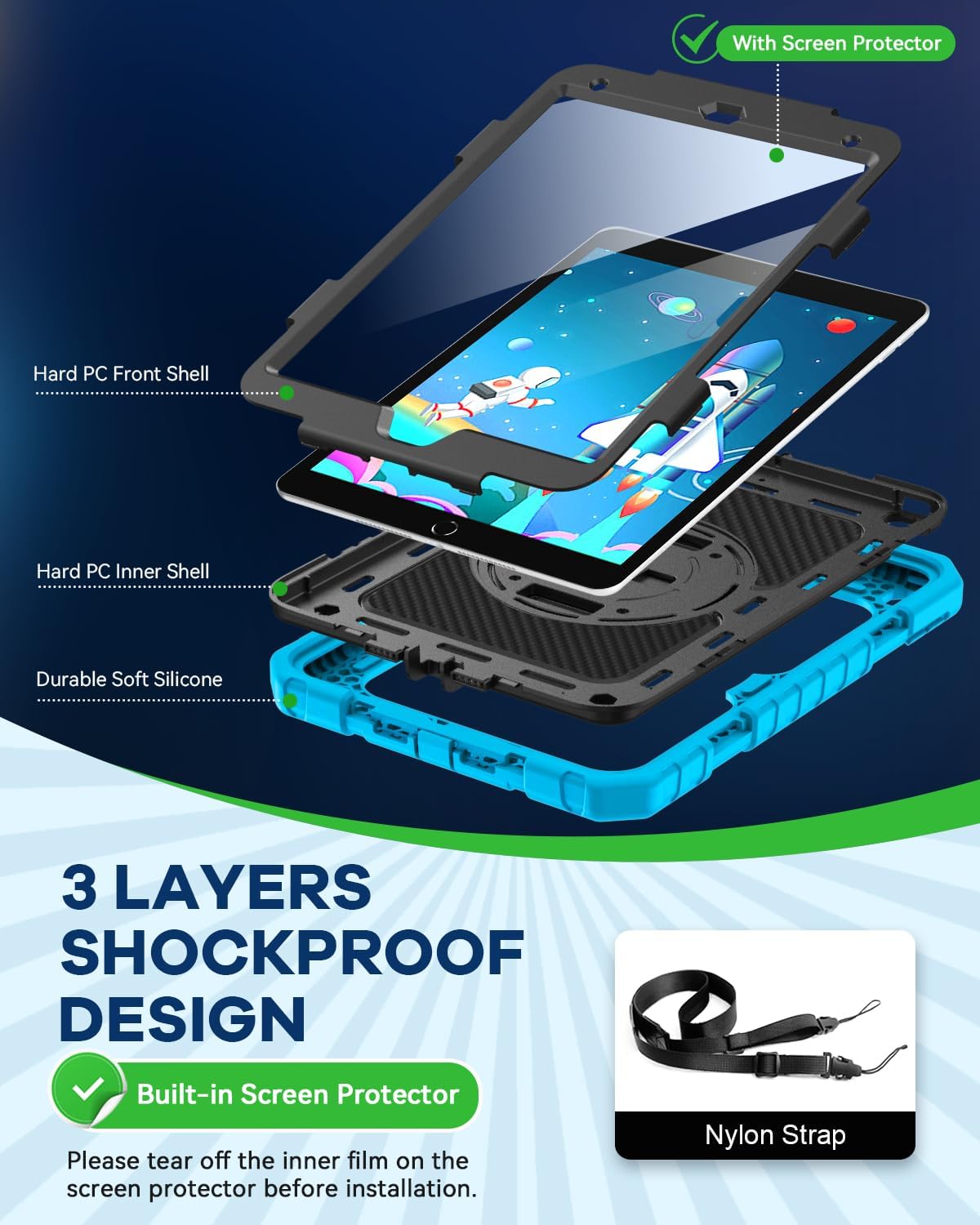 Cantis Case for iPad 9th/8th/7th Generation with Screen Protector, iPad 10.2 Case 2021/2020/2019 with 360 Degree Rotating Stand/Shoulder Strap/Pencil Holder, Blue - Image 3