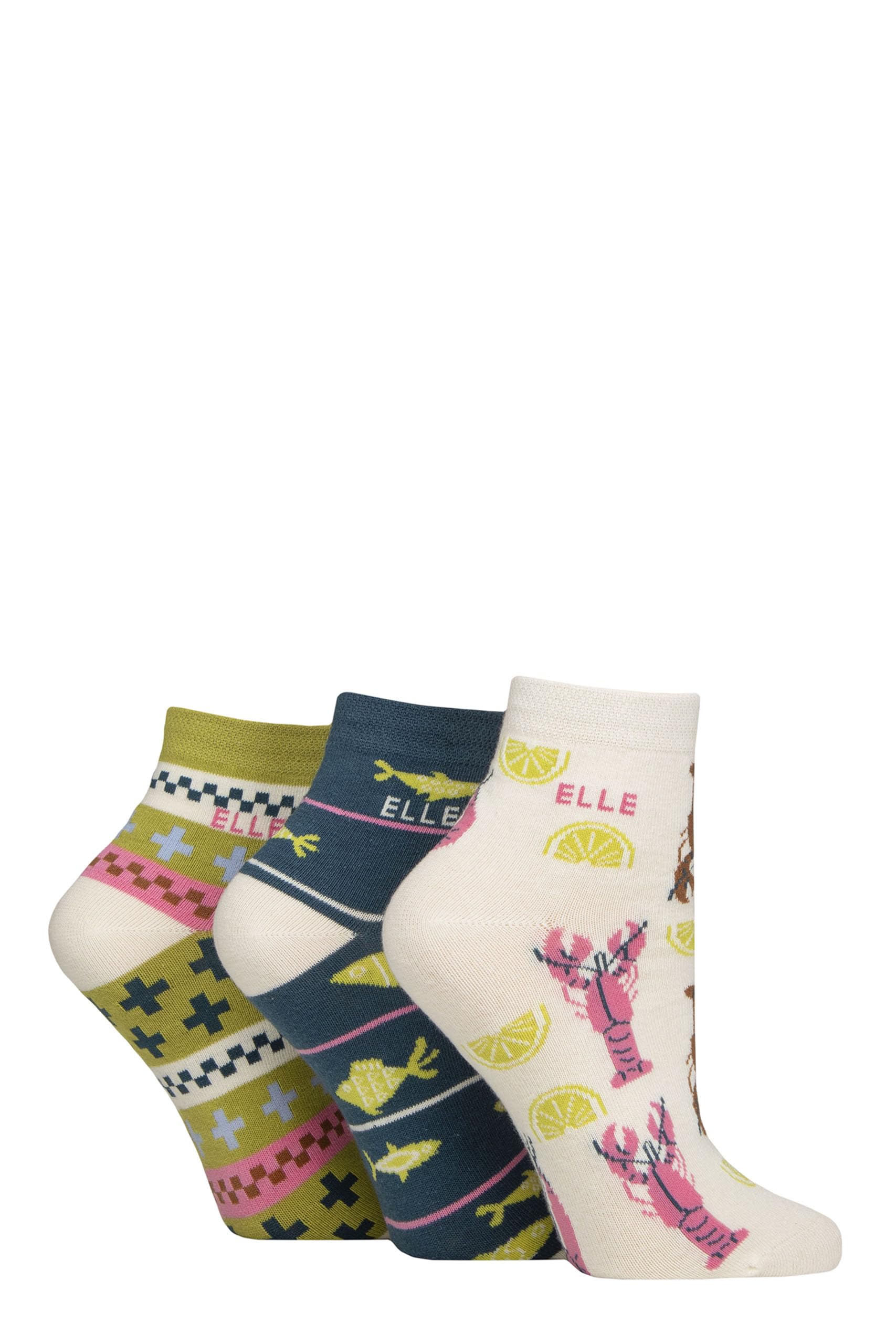 Elle Ladies Cotton Anklet Socks - Soft, Short, Plain, Striped & Patterned with Hand Linked Toes Multipack of 3 Size 4-8 (UK, Numeric, 4, 8, Regular, Regular, Coastal Joy Patterned)