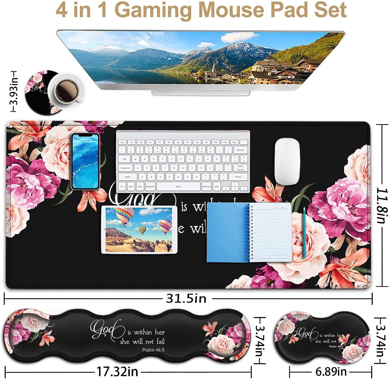 Large Mouse Pad with Wrist Support Set,Memory Foam Keyboard Wrist Rest +XXL Extended Gaming Mouse Pad +Ergonomic Mouse Wrist Pad, Peony Flower Psalm 46:5 Office Desk Pad for Women Men Gaming Mousepad