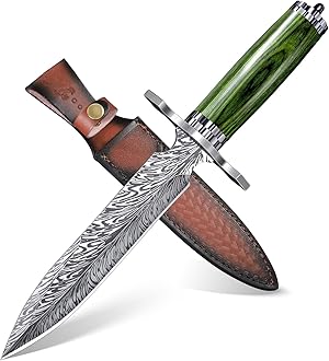 FUSIONKEI Fixed Blade Knife with Leather Sheath, Survival Camping Damascus Feather Knives D2 Steel with Green Pakkawood Handle, Damascus Knife for Outdoor Use