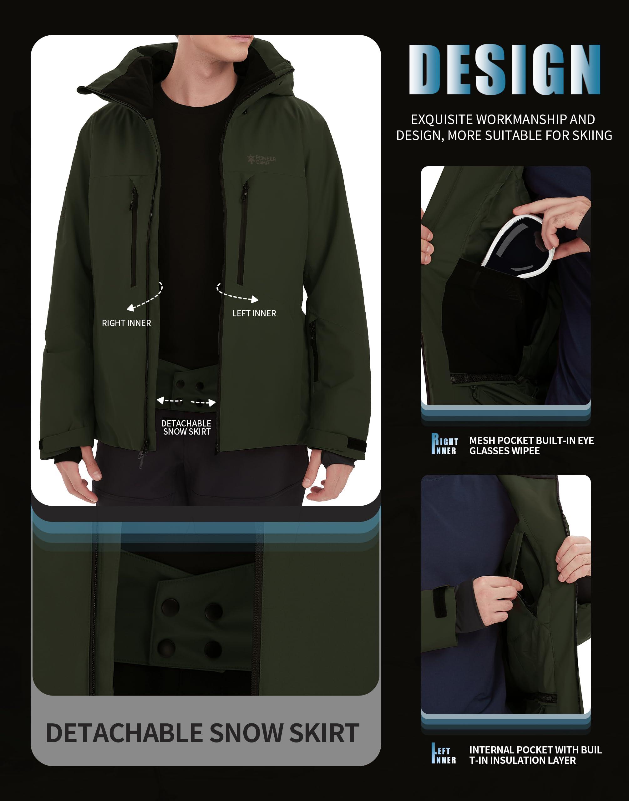 Pioneer Camp Herren Wasserdicht Skijacke Winddicht Snowboardjacke Warm Outdoor Winterjacke mit Kapuze Armeegrün XL