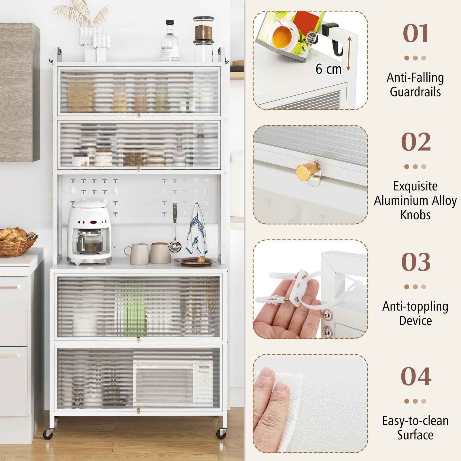 GIANTEX Mobile da Cucina Alto a 6 Livelli, Credenza Cucina con Ruote, 10 Ganci, Ante Pieghevole, Pannello Perforato, Mobile Vetrina in Acciaio, per Soggiorno, Sala da Pranzo
