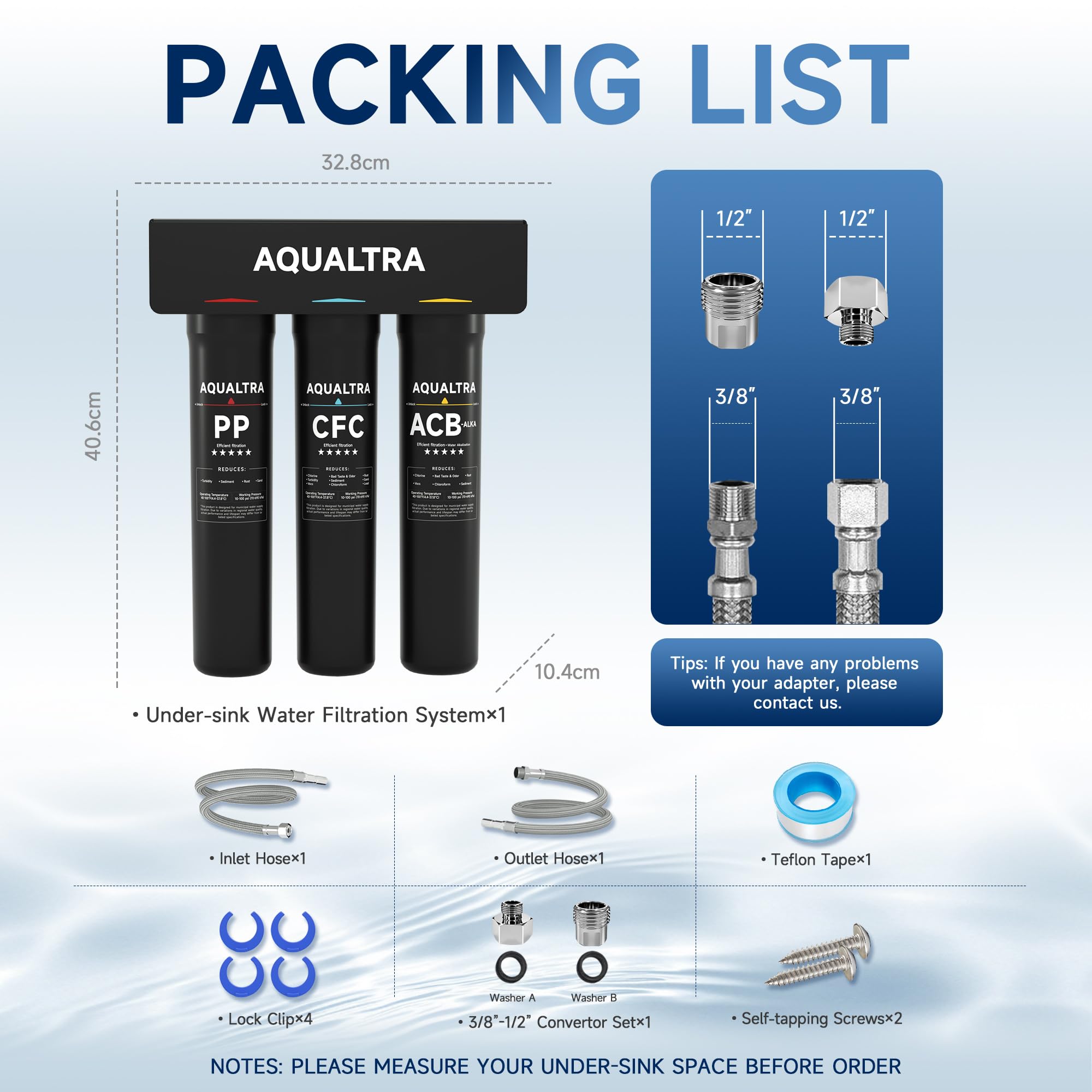 AQUALTRA USF-3B-15 Système sous évier légèrement alcalin, 30000–151000L, réduit PFOA, PFOS, chlore, plomb, mercure, chloramine, fluorure, microplastiques, mauvais goût & odeur