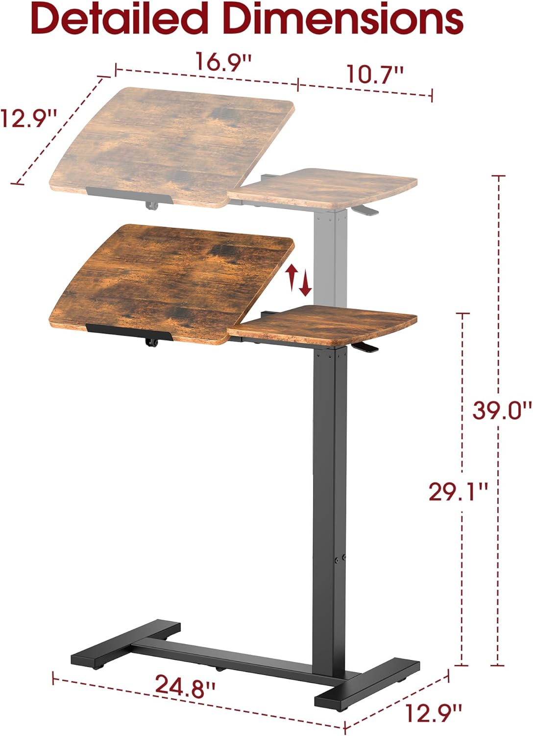 Overbed Bedside Table with Wheels - Height Adjustable Rolling Tray, Hospital Bed Table with Tilt Top, Standing Lap Desk for Home & Office Use, 27.6" L x 12.9" W x 29.1"–39" H, Brown