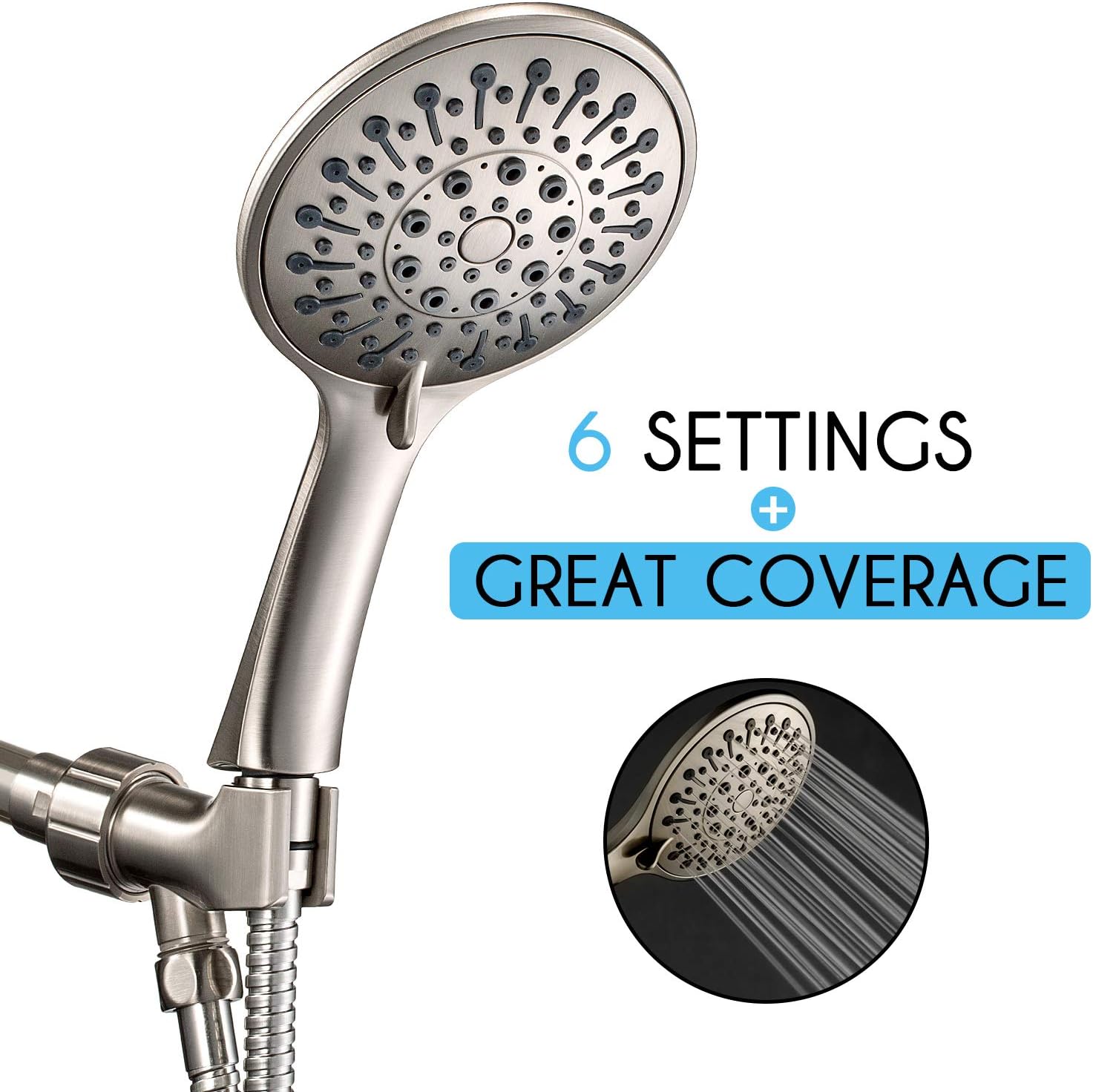 ANZA Shower Head With Handheld and 6 Spray Settings, 5" Detachable Hand held Showerhead, with Long Hose and Adjustable Brass Bracket (Brushed Nickel)