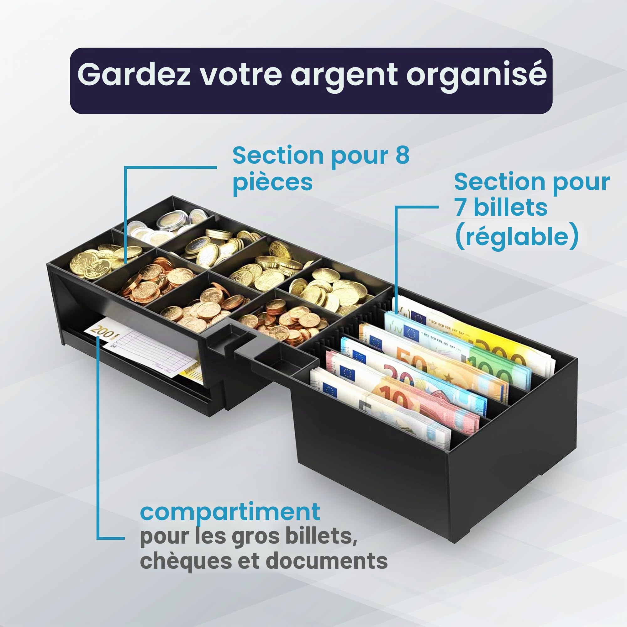 Intérieur avec couvercle et serrure pour tiroir en espèces Flip-Top ouverture verticale automatique pour imprimante POS et caisse enregistreuse, 5 billets - 8 pièces - Universel