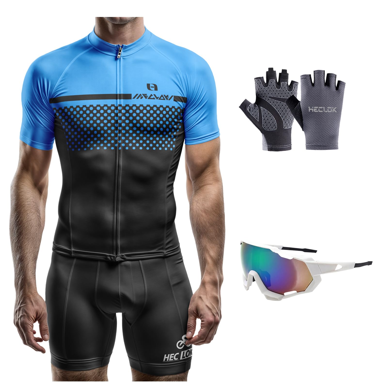 Completo Ciclismo UomoEstivo, 9D Gel Salopette Pantaloncini Corti Imbottiti Set di Abbigliamento Ciclista, Ciclismo su strada, Maglia da Uomo MTB Asciugatura Rapida Traspirante