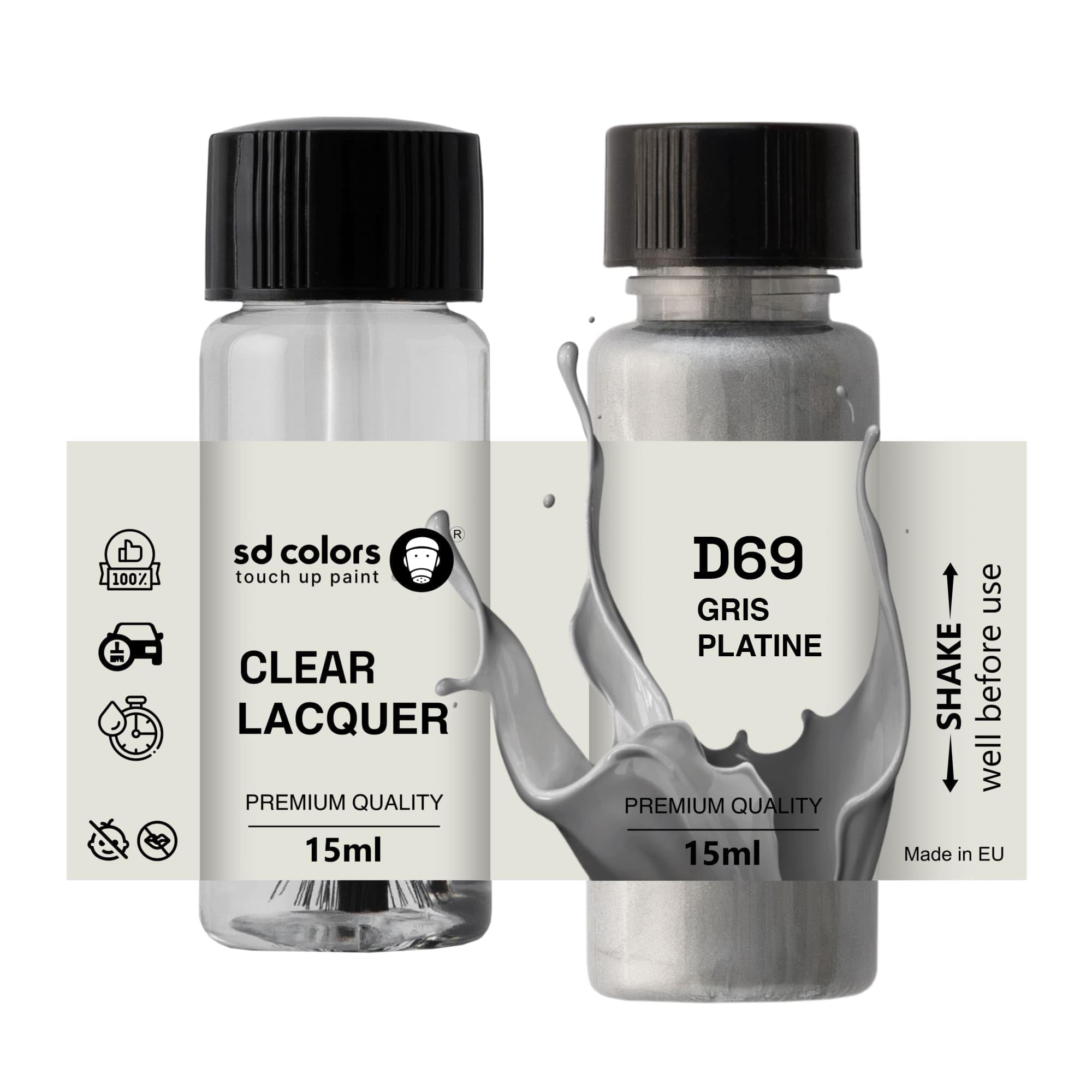 Sd Colors Paint+Lacquer Gris Platine D69 New Touch Up Paint 15 Ml Repair Scratch Chip Brush Color Code D69 Gris Platine (Paint+Lacquer)