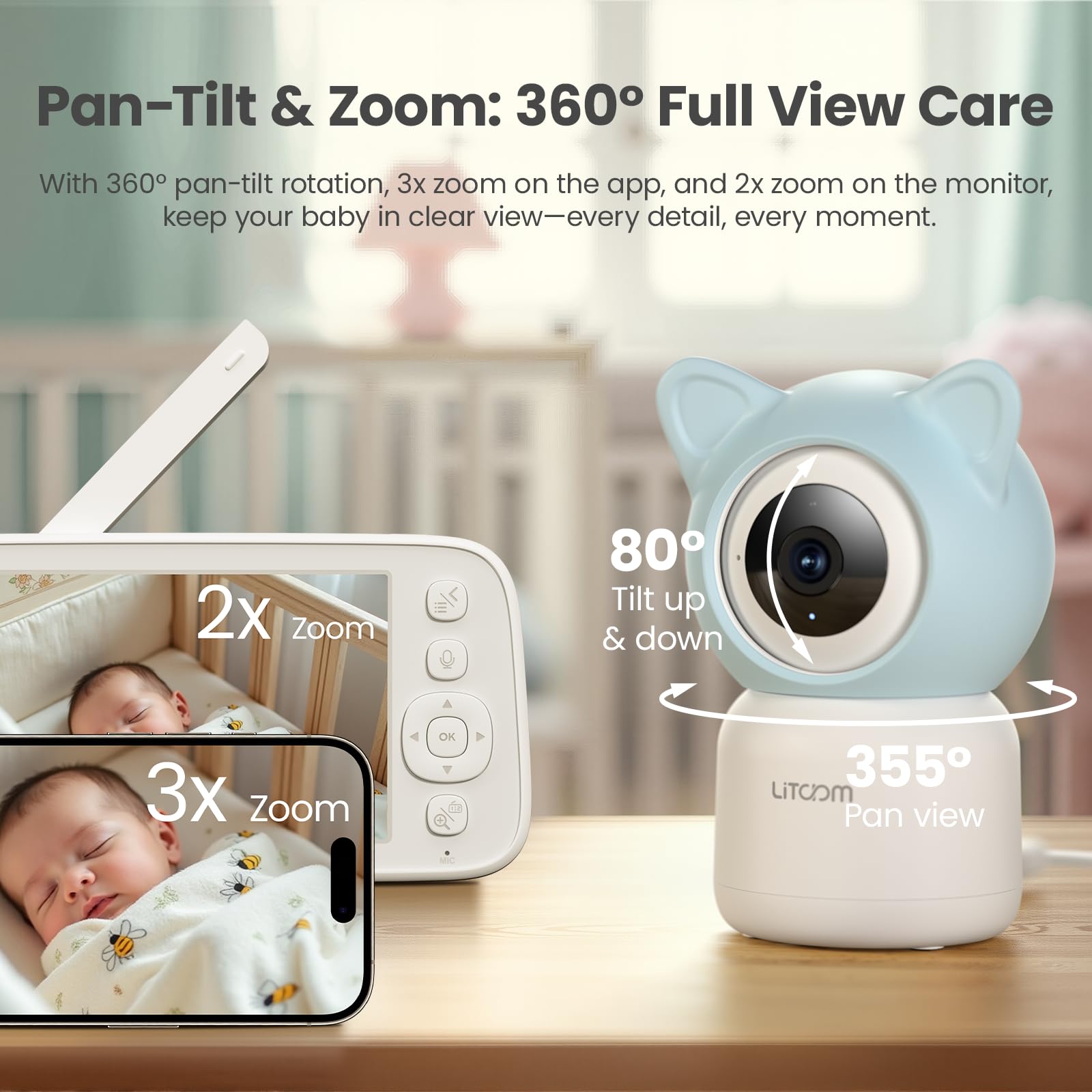 litokam Monitor de bebé de 4 MP con cámara y audio, pantalla dividida 1080P de 5 pulgadas, sin WiFi y WiFi 5G/2.4G, zoom remoto panorámico, visión nocturna, VOX, sensor de temperatura, conversación