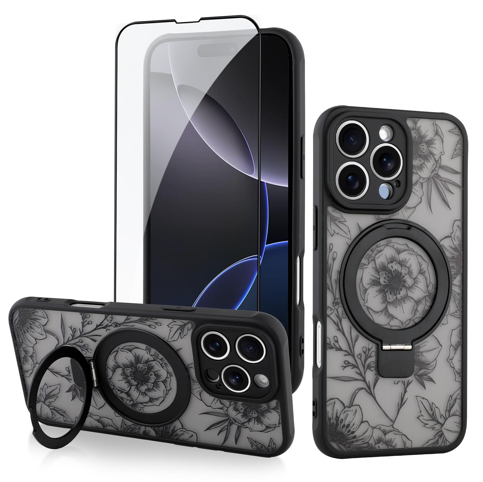 OOK Magnetic Ring Case for iPhone 16 Pro Max Case with 360° Kickstand Holder [Compatible with MagSafe] Slim Translucent Matte Full Camera Lens with a